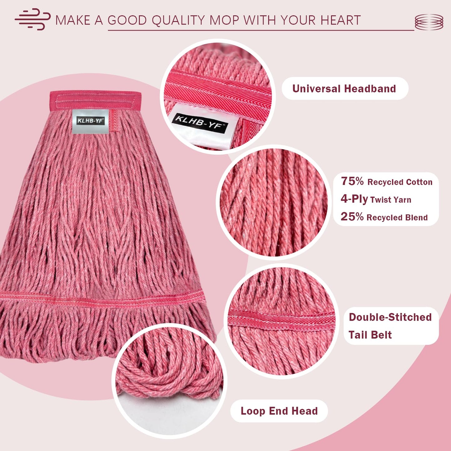 KLHB-YF 5Pack Heavy Duty Commercial Mop Head Replacement Heavy Duty Industrial Mop with Looped-End String Wet Mops for Floor Cleaning Janitorial Mops for Home Kitchen Garage Workshop Warehouse