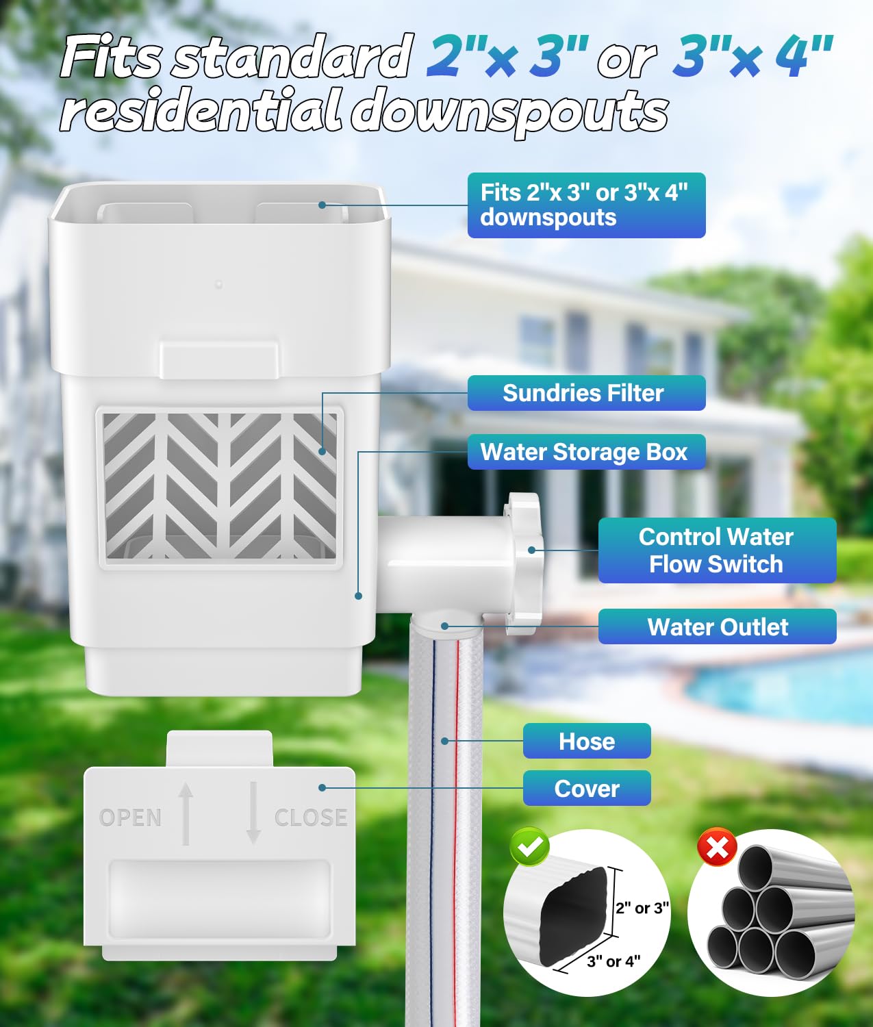 Upgraded 2Pack Rain Barrel Diverter Kit, Rainwater Collection System for 2''x3'' & 3''x4'' Downspout, Gutter Diverter for Rain Barrel with Enhanced Water Capacity, Filter, Adjustable Valve, White