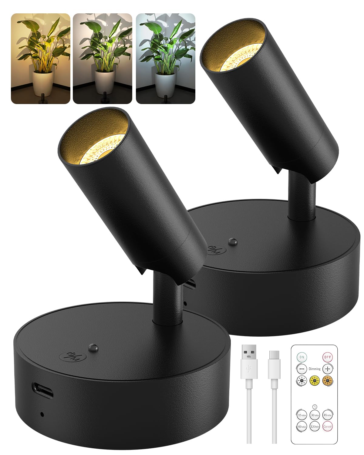 GOODEA Spotlights Indoor, 3000mAh Rechargeable Battery Plant Spotlight Indoor with Remote, Wireless Led Uplighting with 3 Colors & Timer, Mini Picture Light for Painting, Accent Lighting (2 pcs)