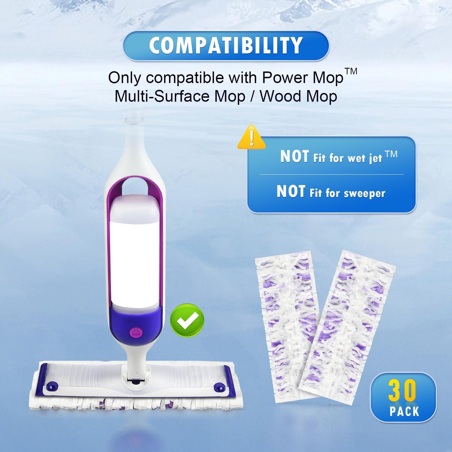 Bisenkud 30 Count Disposable Powermop™ Refills for Swiffer® Power Mop™ Pads, Unscented Spray Cleaning Repalcement Mopping Pads