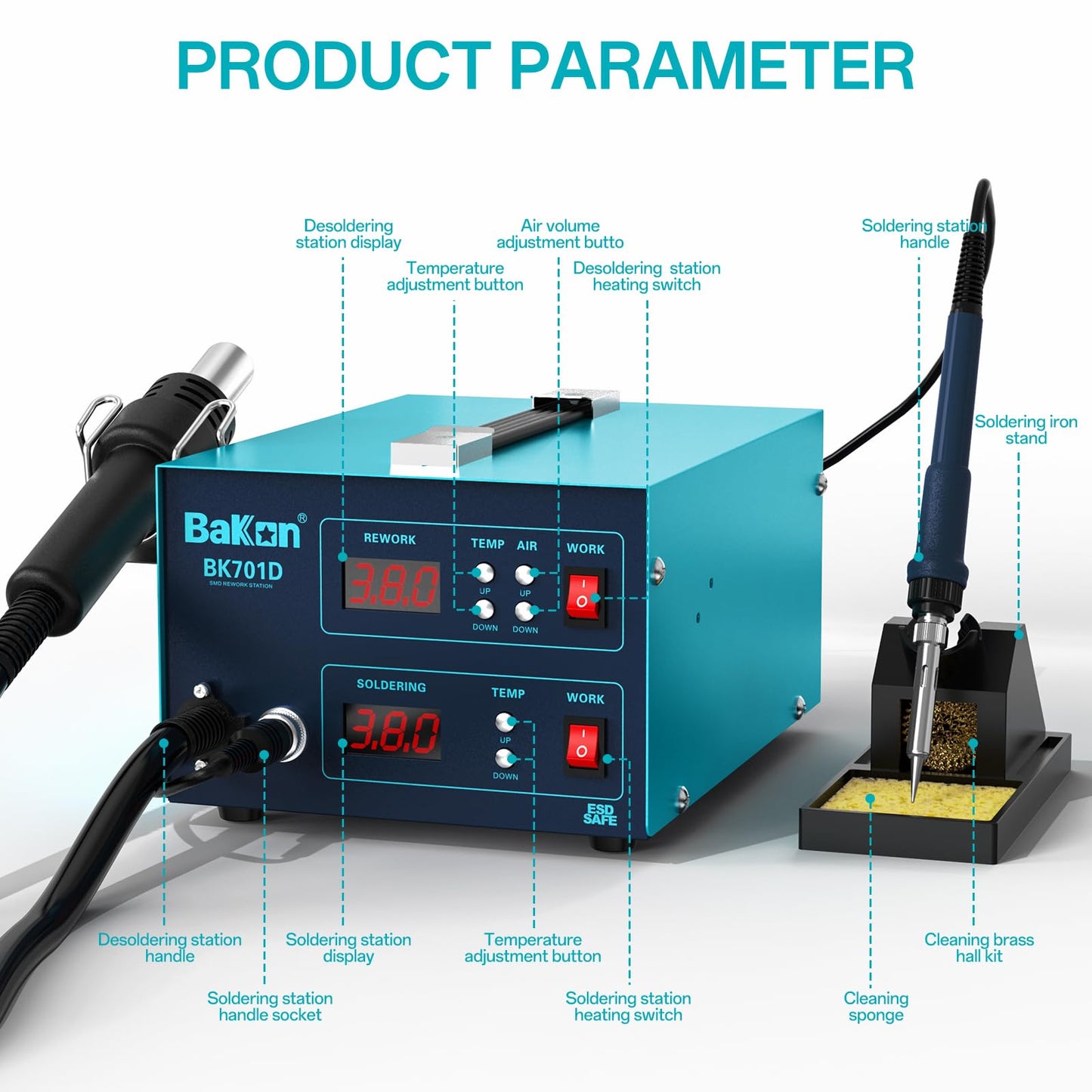 BK701D 700W Hot Air Soldering Station 2-in-1 Kit, SMD Hot Air Rework Soldering Station, Multiple Functions Electronics Kit, Led Digital Display, Knob Type Adjustable Temperature