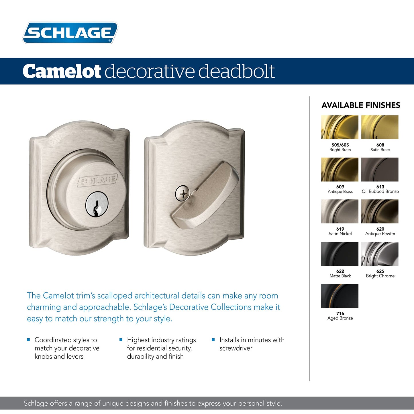 Schlage B60N CAM 605 Camelot Single Cylinder Deadbolt, Bright Brass