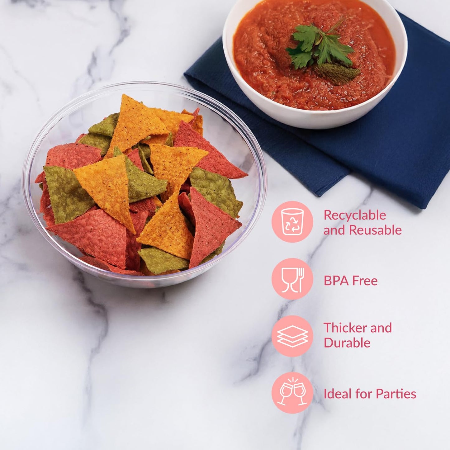 Clear Plastic Serving Bowls for Parties | 150 Oz. 4 Pack | Round Disposable Serving Bowls | Clear Chip Bowls | Party Snack Bowls | Plastic Candy Dish | Salad Serving Containers | Large Candy Bowls