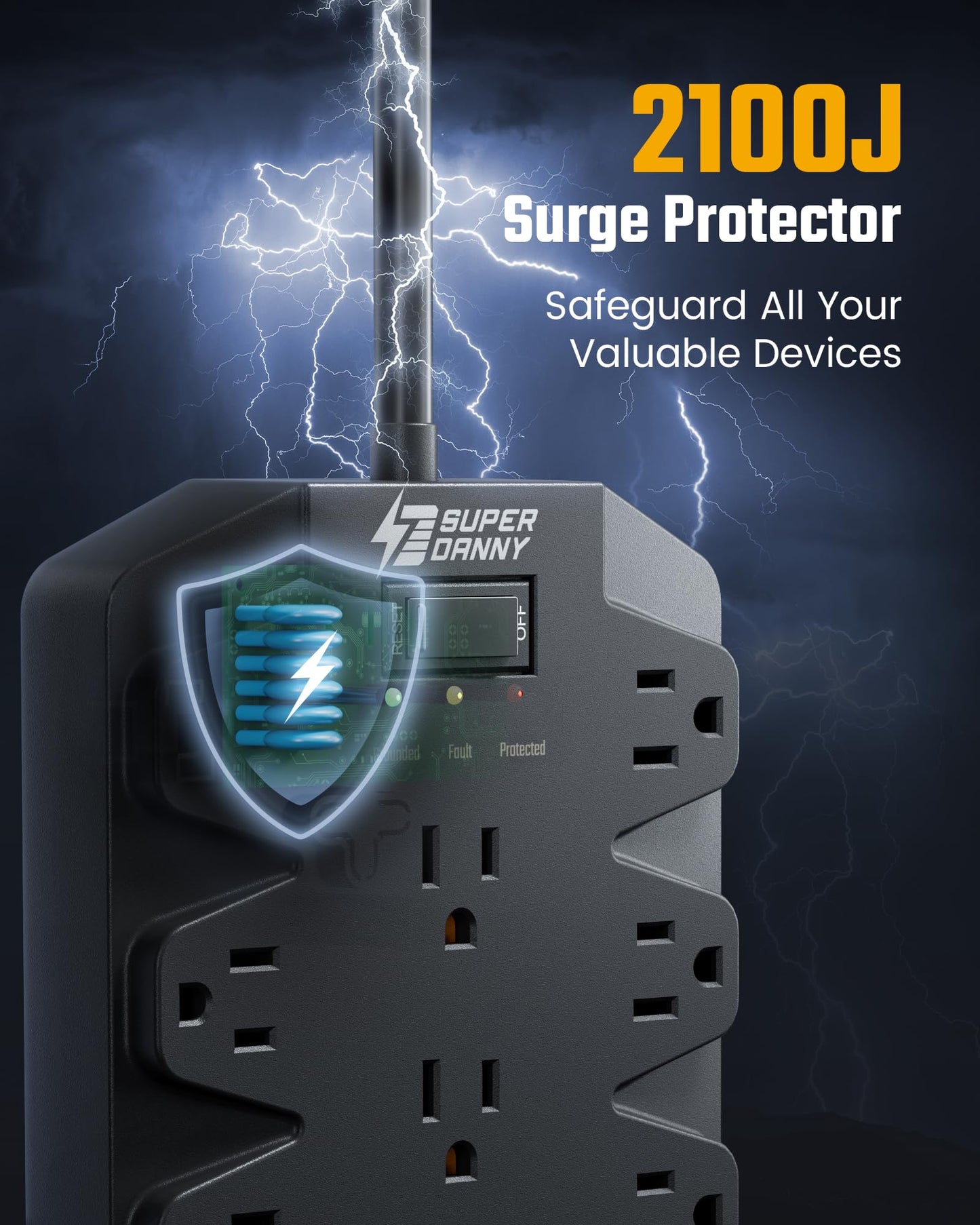 Power Bar with Surge Protector, SUPERDANNY 18 Widely-Spaced AC Outlets and 2 USB 2 C Ports, 2100 Joules, 1875W/15A, 6.5Ft Flat Plug Extension Cord, Wall Mountable for Home, Office, Dorm, Black