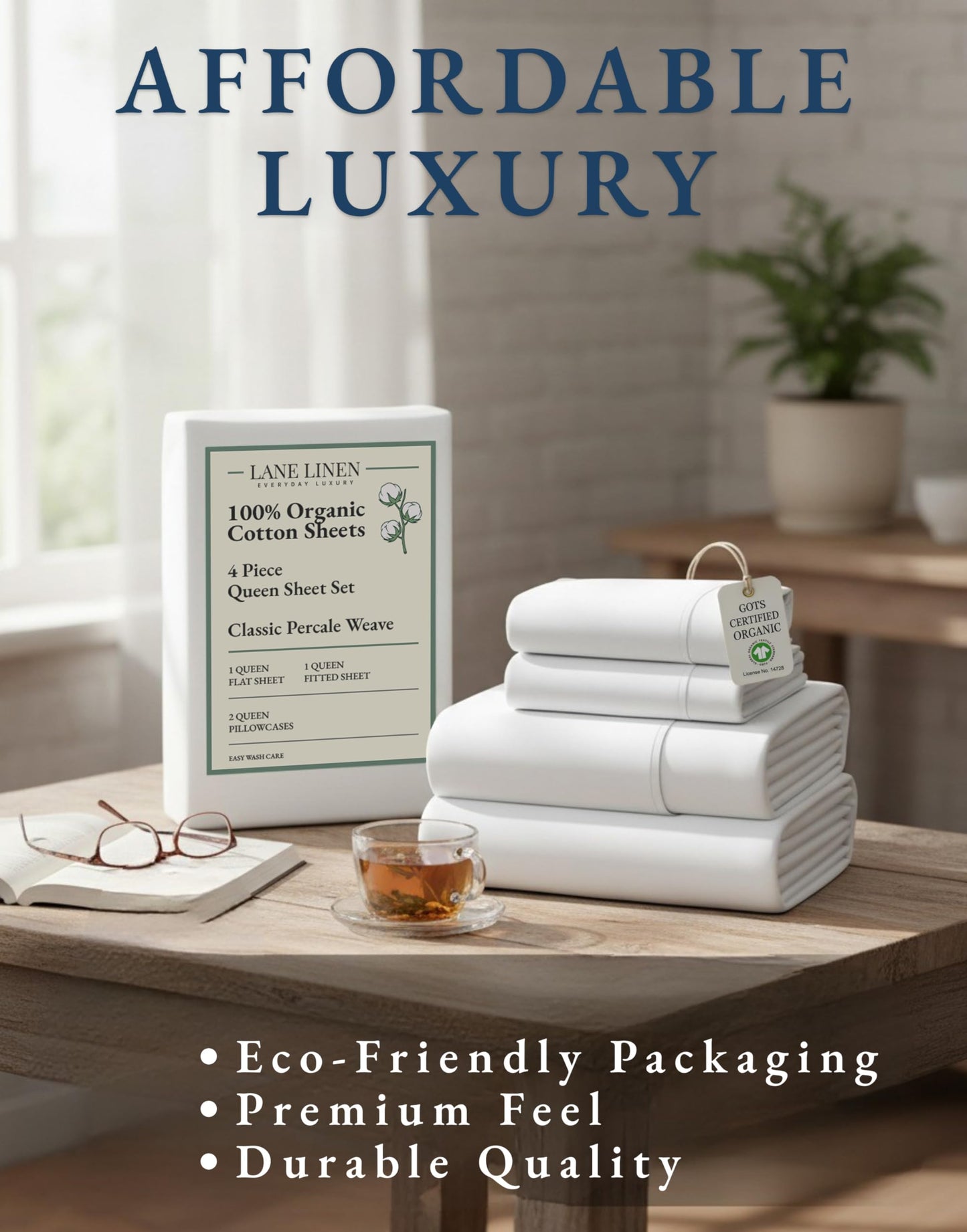 Lane Linen 100% Organic Cotton Queen Sheet Set, 4-Piece Percale Bed Sheets for Queen Bed - Soft, Breathable, Hypoallergenic, Deep Pocket Fits Mattress Up to 15" Deep, Hotel Quality Sheets - White