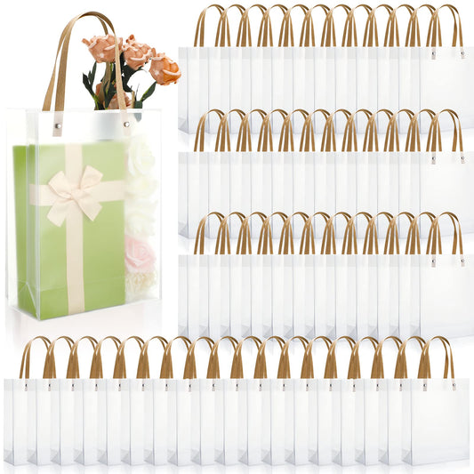 Clear Plastic Gift Bags with Handle, Transparent Reusable Tote Boutique Bags Gift Wrap for Wedding, Retail, 10 x 8 x 3 Inch(60 Pcs)
