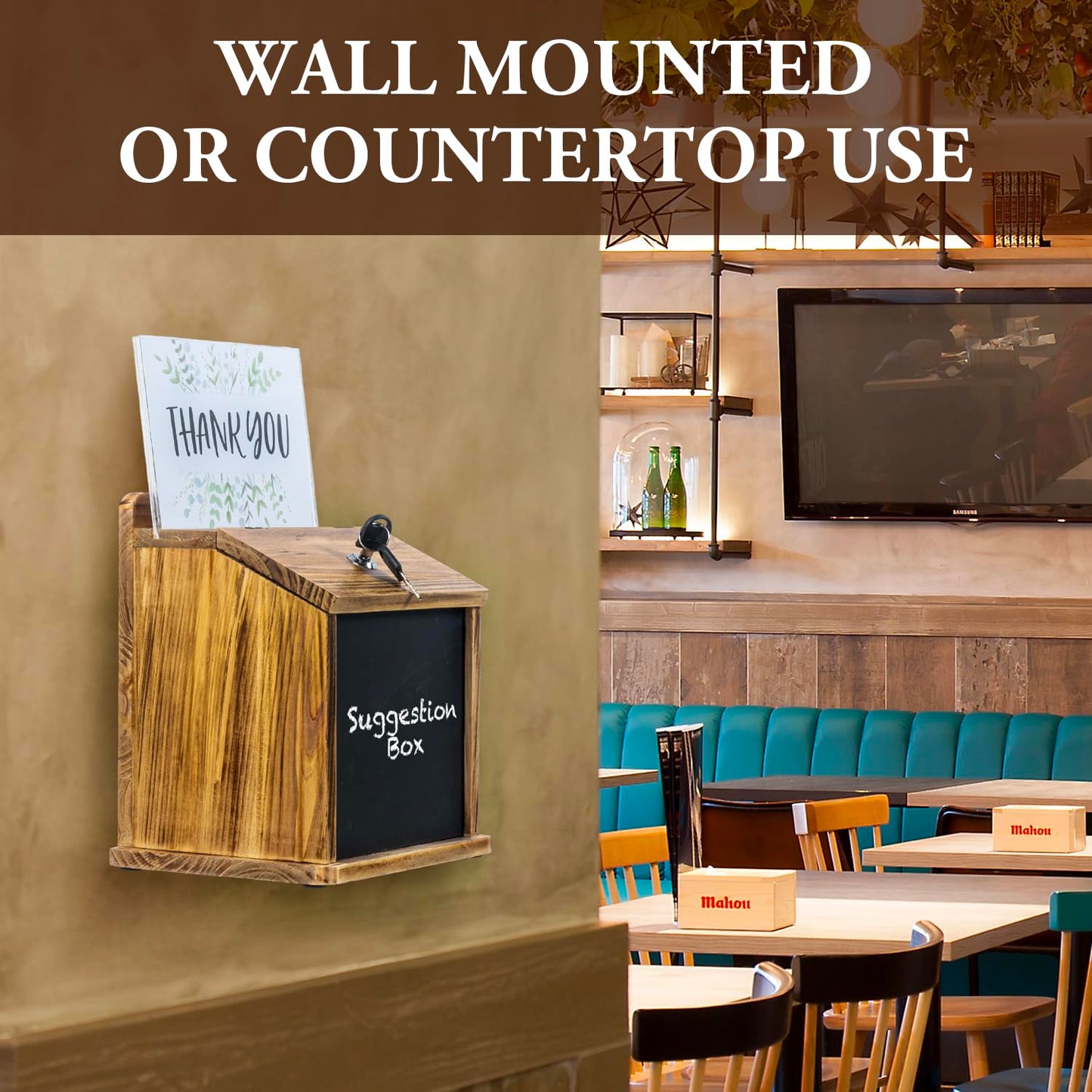 MyGift Tip Jar, Donation Box for Fundraising, Wood Suggestion Box with Lock and Key, Comment Ballot Raffle Box Wall Mountable, Clear Acrylic Sign Holder, Chalkboard Surface