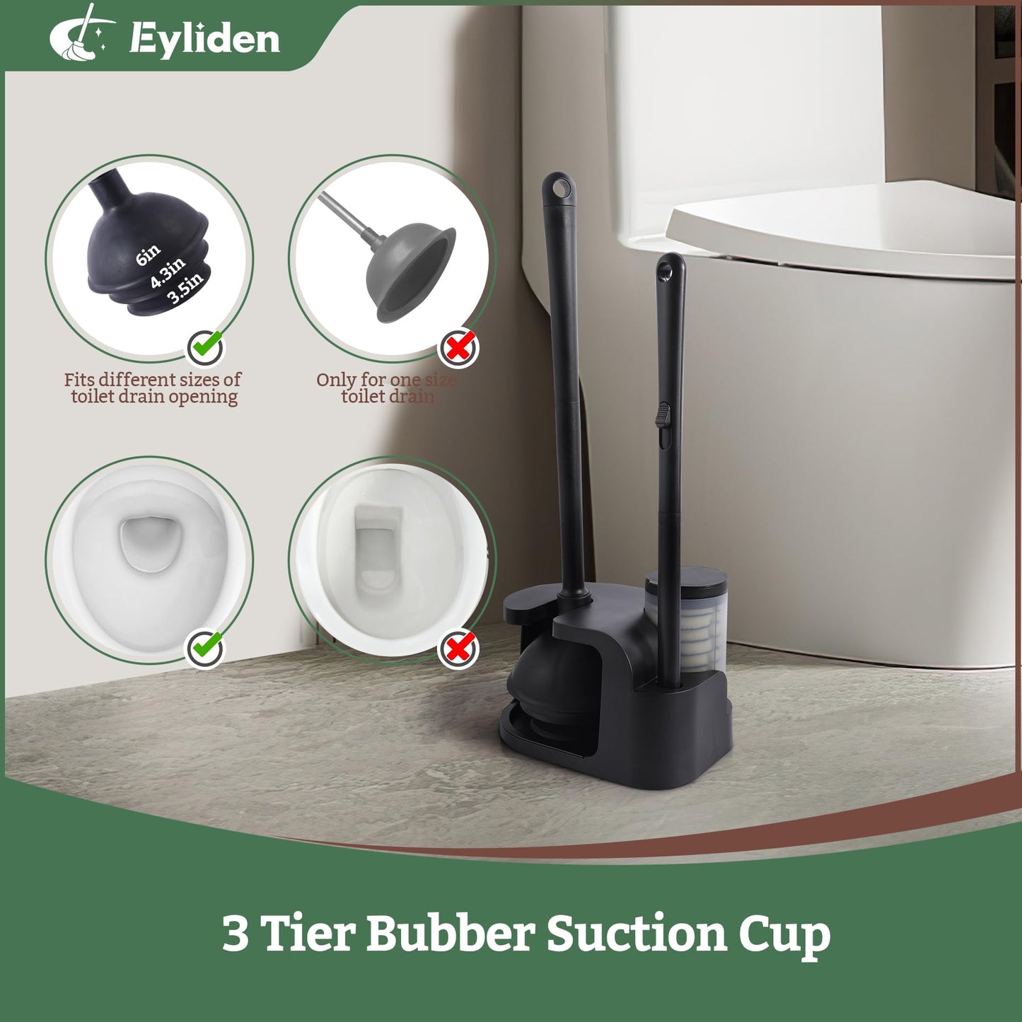 Eyliden Disposable Toilet Brush and Plunger Combo | 2-in-1 Toilet Bowl Wand Kit - 10 Count Pre-Soaked Refill Heads, 3-Step Plunger, Storage Holder - Compact Toilet Cleaning System, Black