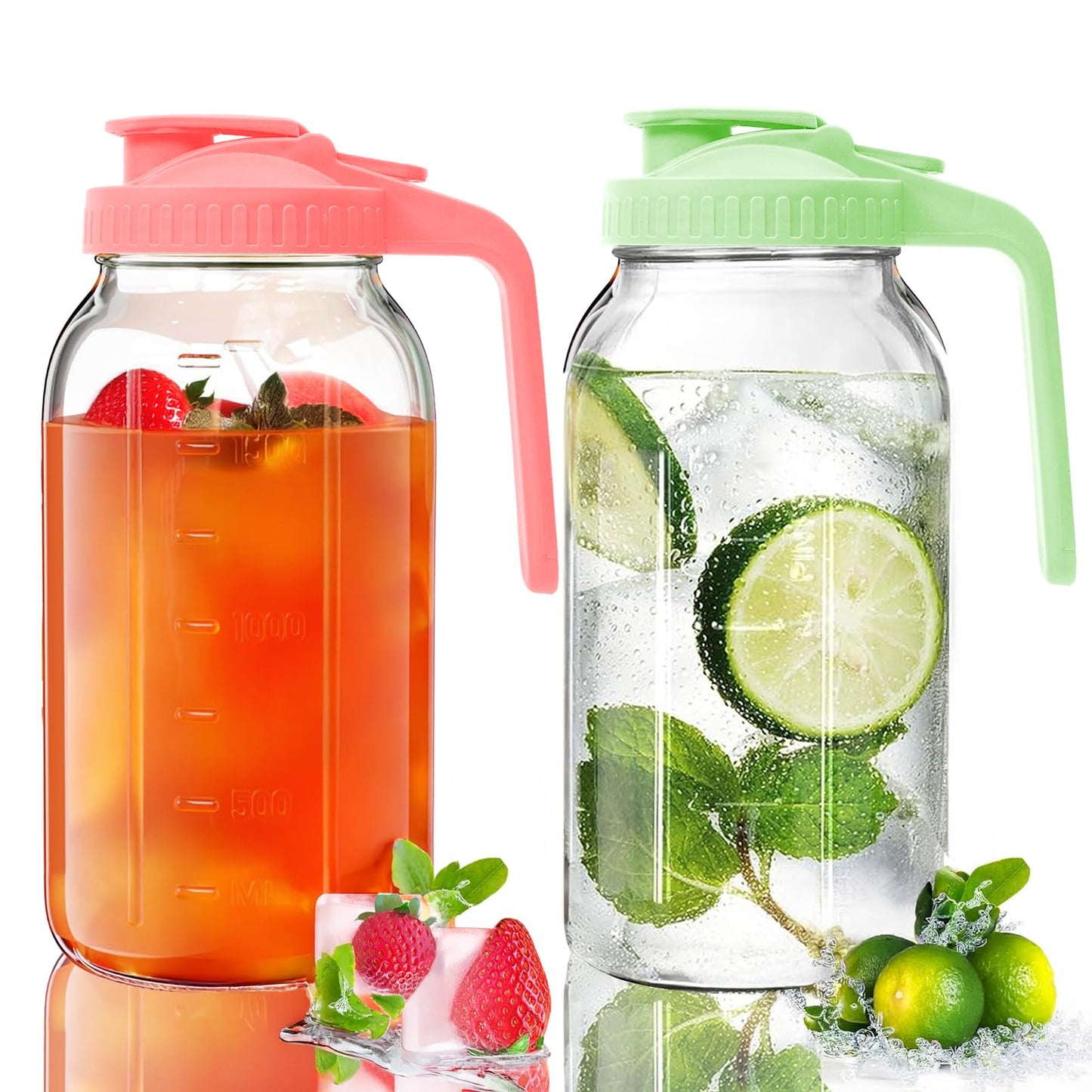 AsstarJTK 2 Pack Glass Mason Jar Pitcher - 64 oz/2 Quart Wide Mouth Jug with Lid and Pour Spout, Airtight Seal, Leak Proof Iced Tea Pitcher for Sun Tea, Juice, Breast Milk, Cold Beverages, Coffe