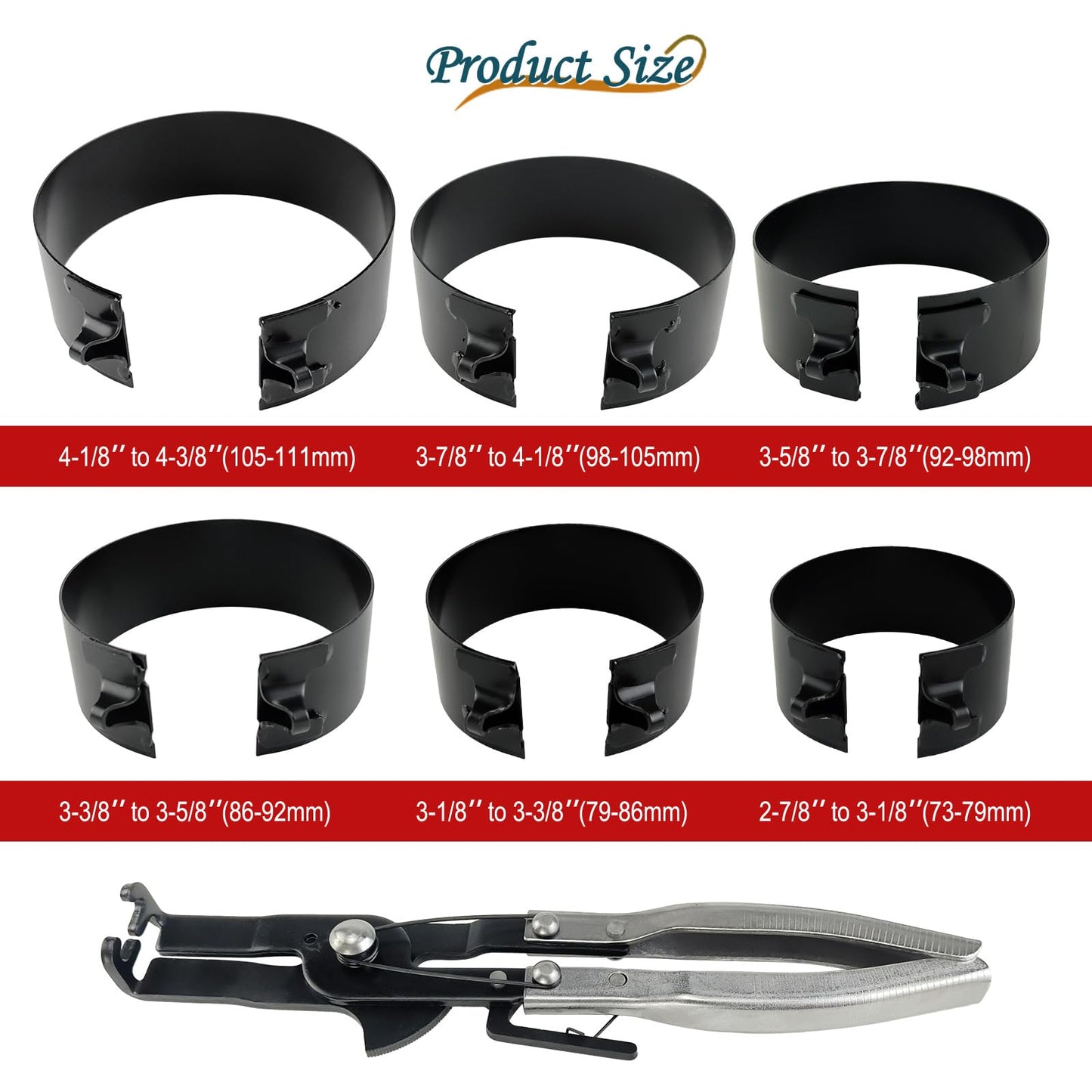 Engine Piston Ring Compressor Kit with Pliers - 6 Adjustable Sleeves2-7/8 inches (73mm) up to 4-3/8 inches (111mm) for Car, Truck & Motorcycle Piston Installation