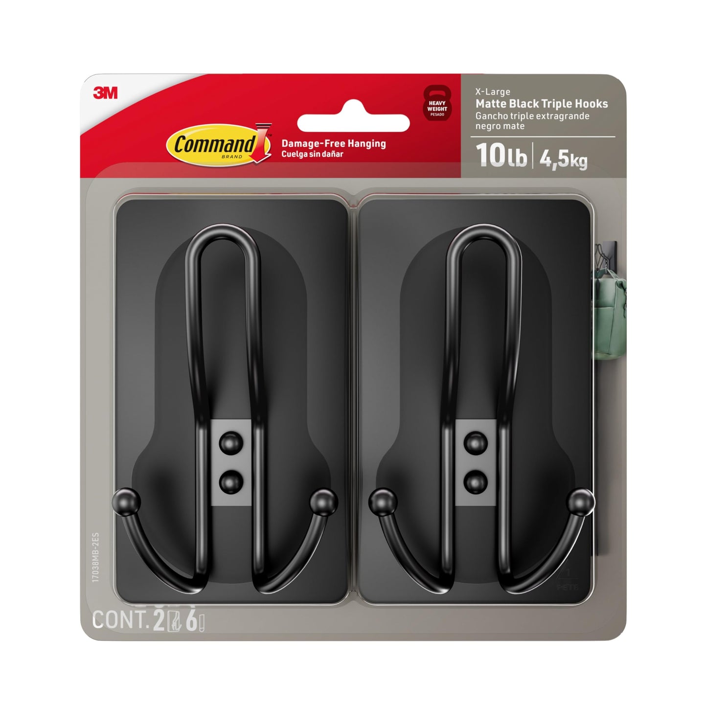 Command X-Large Matte Black Triple Hook, 2 Hooks, 6 Strips, Damage-Free Hanging Wall Hooks with Adhesive Strips, No Tools Wall Hooks for Hanging Decorations in Living Spaces