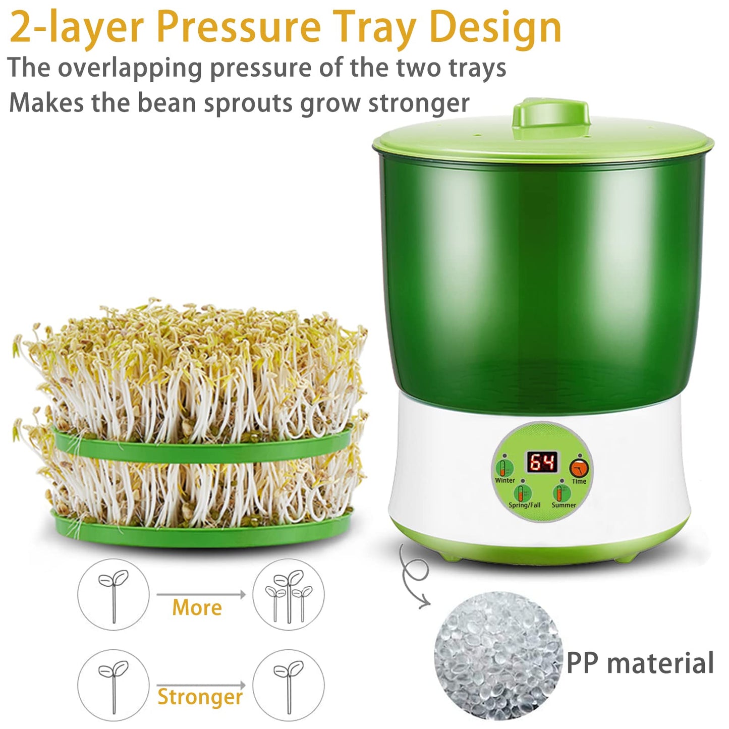 Bean Sprouts Machine, Seed Sprouter Kits, LED Display Time, Intelligent Automatic Bean Sprouts Maker, 2 Layers Function Large Capacity Seed Grow, Also for Radish, Alfalfa, Wheatgrass, Broccoli Sprouts