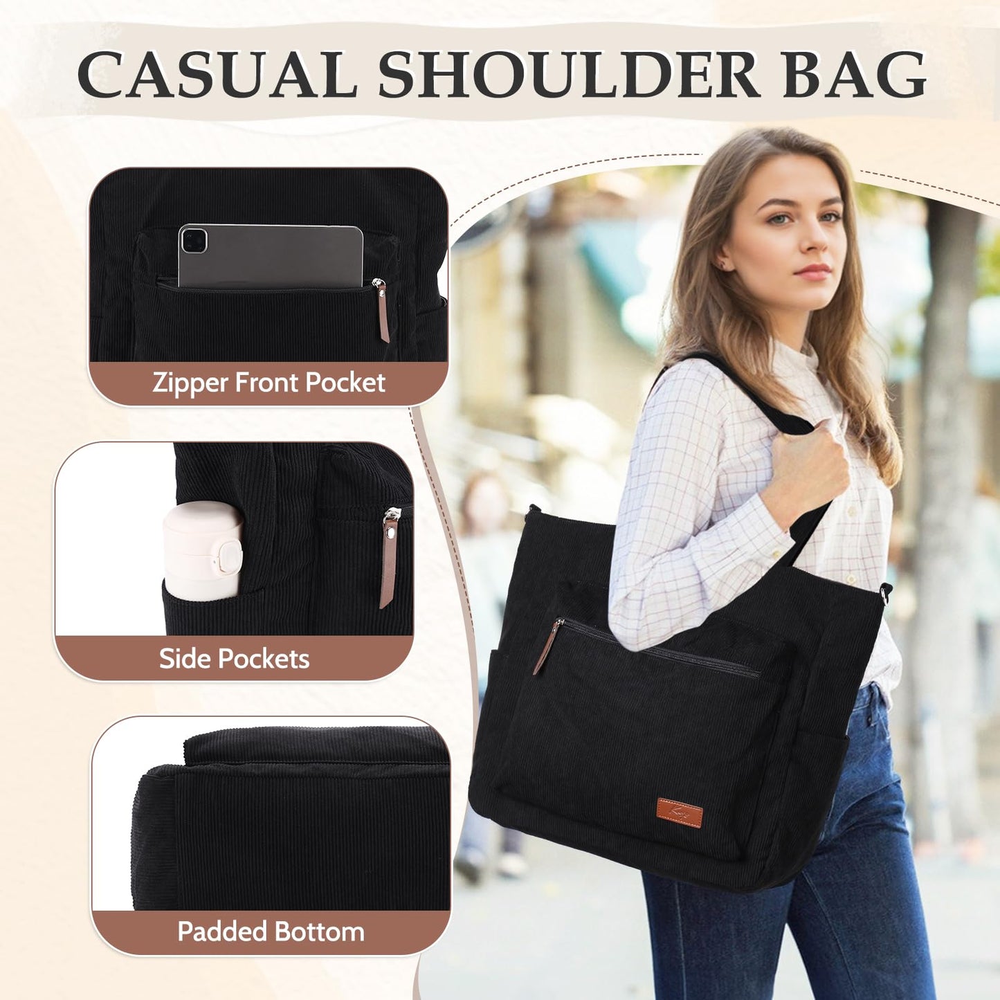 Kasqo Corduroy Tote Bag for Women, Extra Large Zippered Crossbody Shoulder Purse with 15.6" Laptop Compartment for Work Travel School College, Black