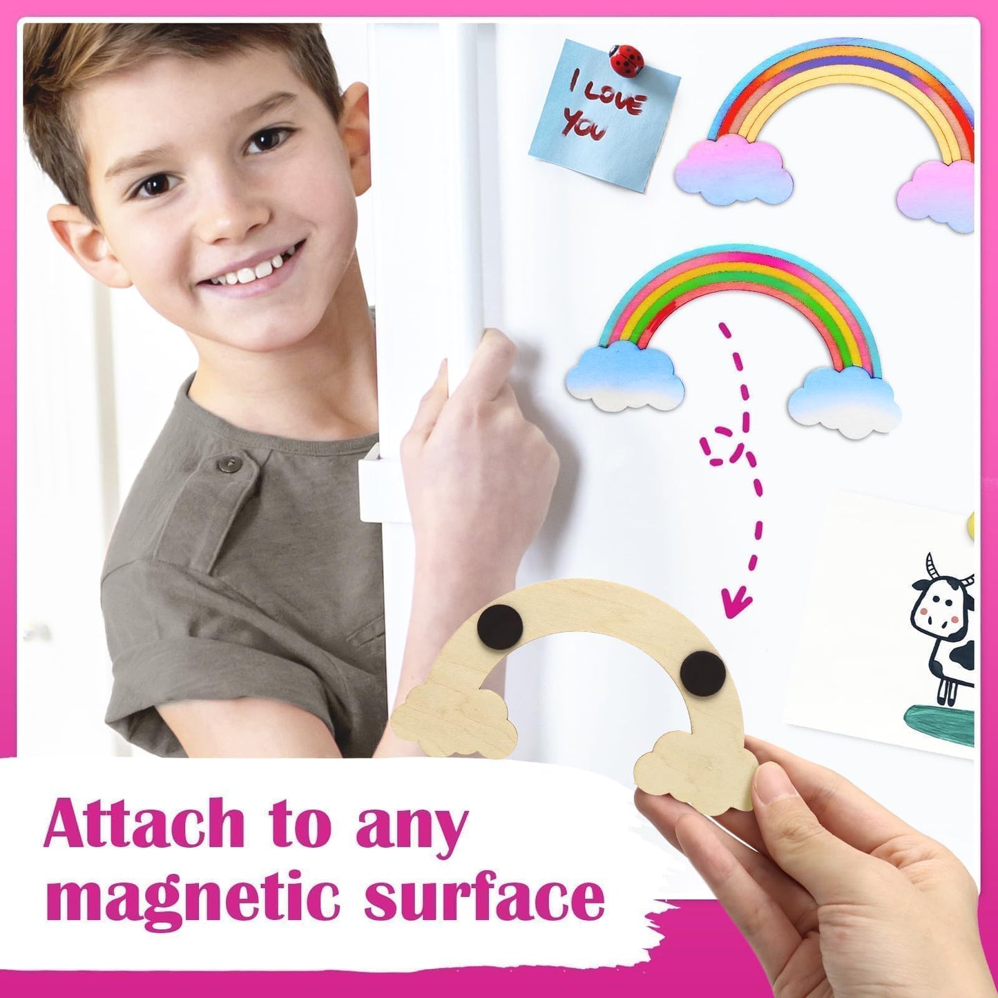 12-Pack Pre-Packaged Rainbow Party Favors for Kids, Wooden Rainbow Cutouts with Magnets & Painting Kits, Birthday Thank You Gifts for Guests, Rainbow Theme Party Decorations