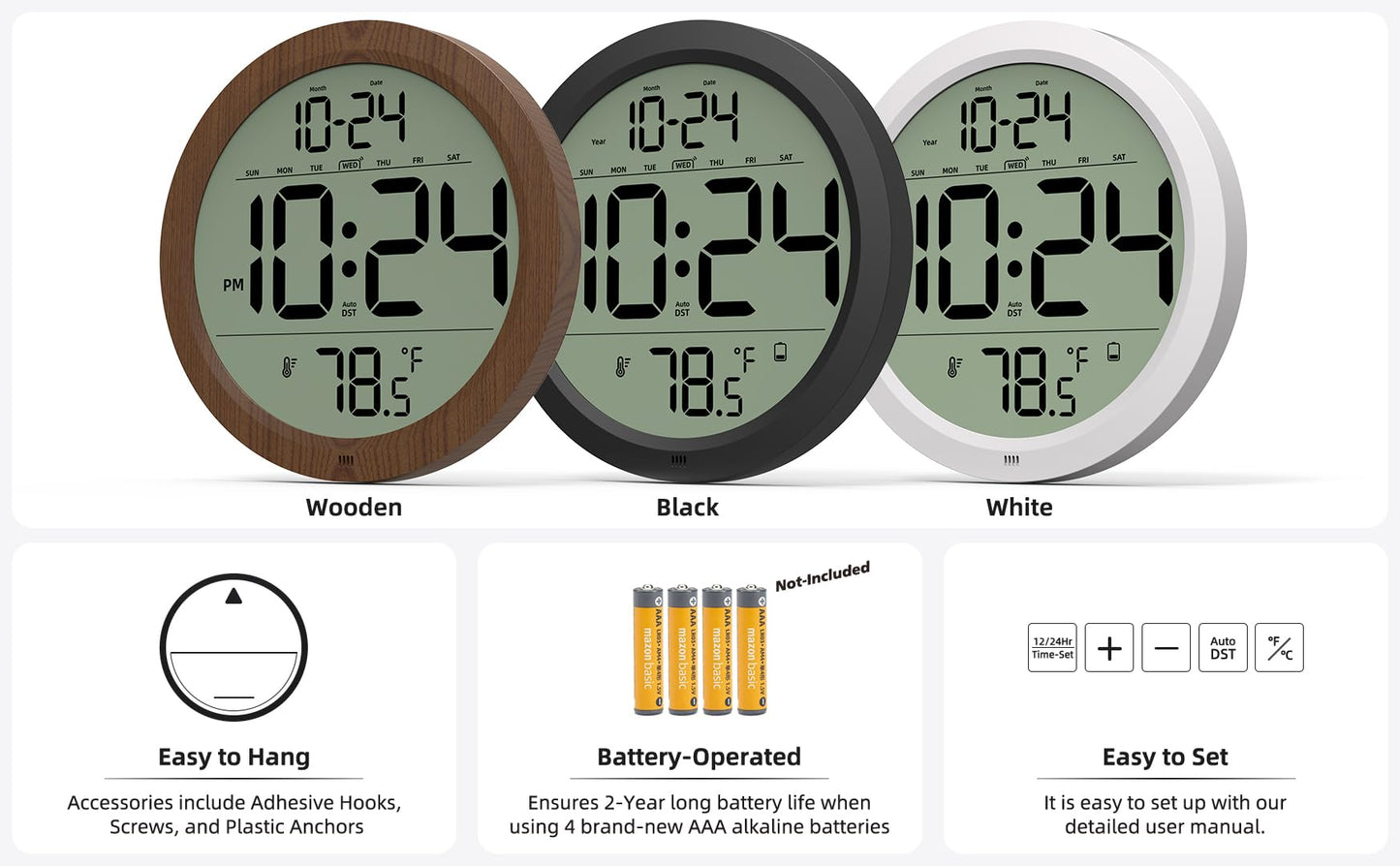 Digital Wall Clock with Date, Indoor Temperature, Auto-DST, Battery-Operated Digital Clock, 8 Inch Small Decorative Wall Clock for Bedroom, Living Room, Kitchen, Office, Modern, Electric, Silent