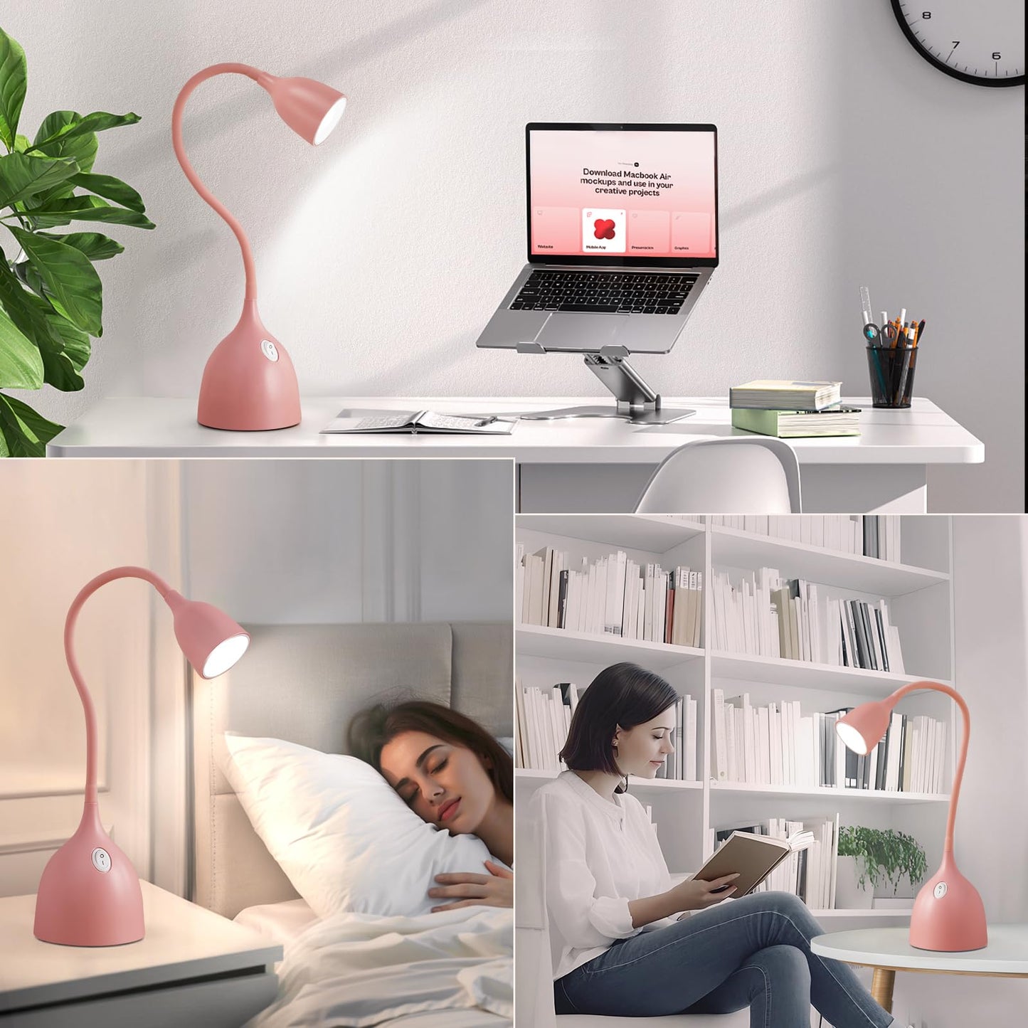 EJIAXIN Gooseneck Desk Lamp 360° LED Flexible Reading Light Small Desk Lamps for Small Spaces Home Office Bedroom College Dorm Desk Bookshelf Nightstand Table Lamp (Pink)