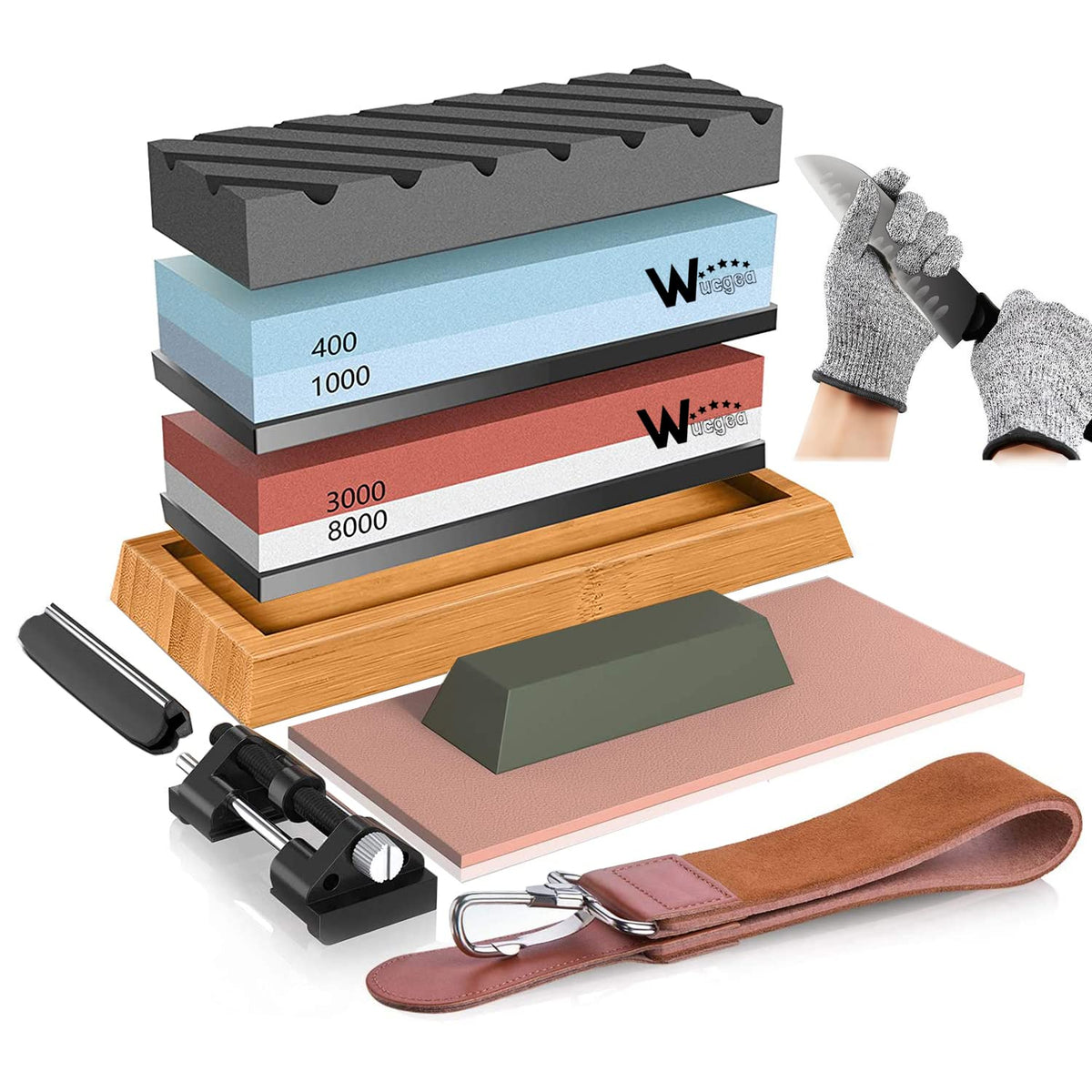 Knife Sharpening Stone Kit – 400/1000 3000/8000 Grit Wet Kitchen Whetstone Knife Sharpener Set with Non-Slip Bamboo Rubber Base, Angle Guide, Flattening, Leather Strop and Cut Resistant Gloves