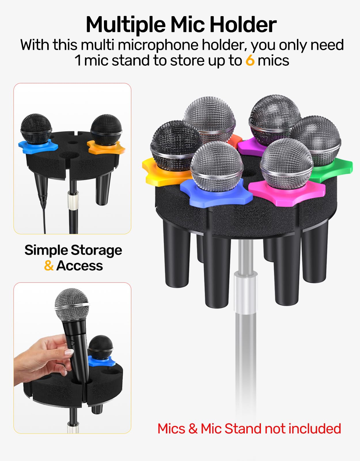 Multi Microphone Holder【Aluminum/Upgraded】Multi Mic Holder Up to 6 Mics, Wired and Wireless mic Holder for Stand, Multiple Microphone Holder for storage Organizer & Display, w/ 3/8"-16 Threaded