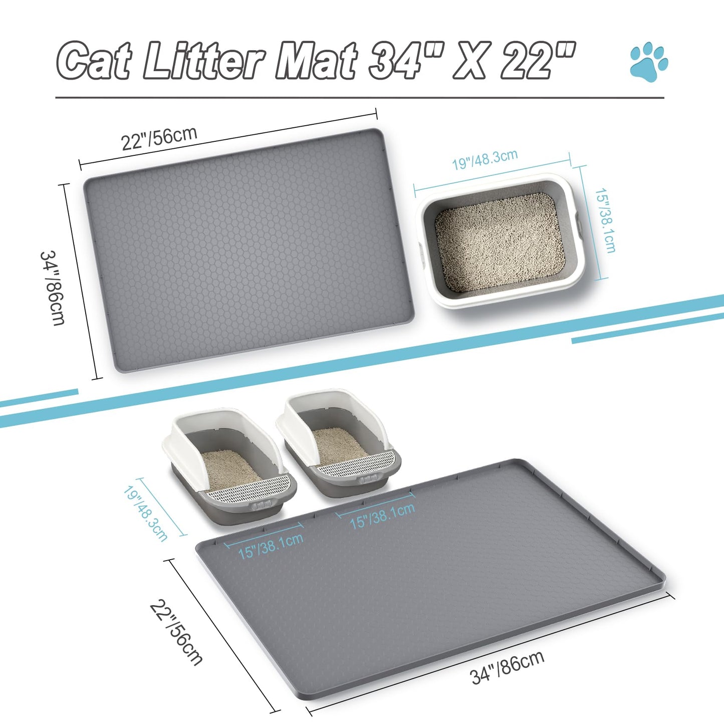 TIMOHCR Cat Litter Mat 34" X 22", Cat Litter Box Mats Waterproof Silicone Pad for Floor Pee Pad Tray Holder with Complimentary 6 Clamps
