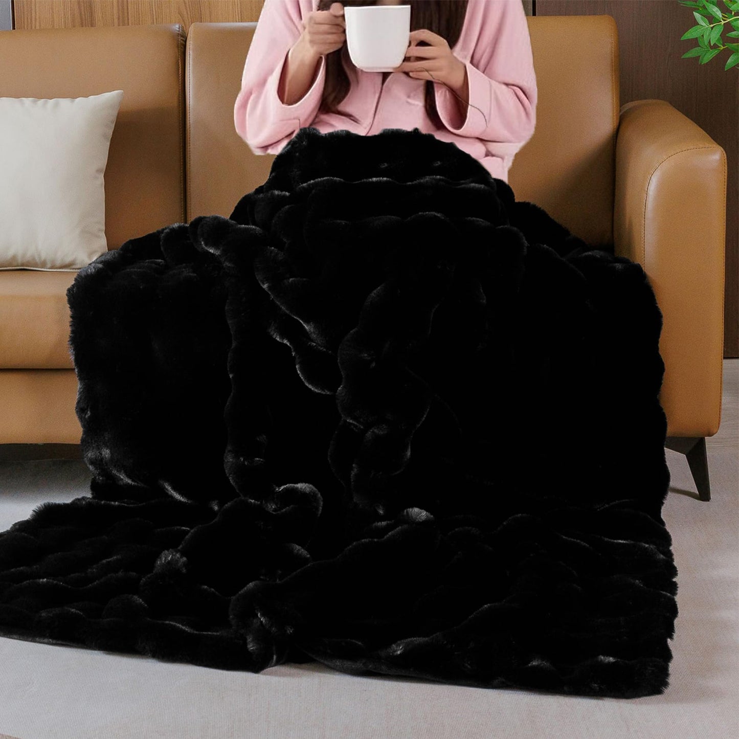 BlanketSolution Fluffy Furry Black Faux Fur Throw Blanket for Couch Bed 50x60 Fuzzy Bubble Soft Blanket for Adults Gift Home Living Room Decorative Decor 860 GSM