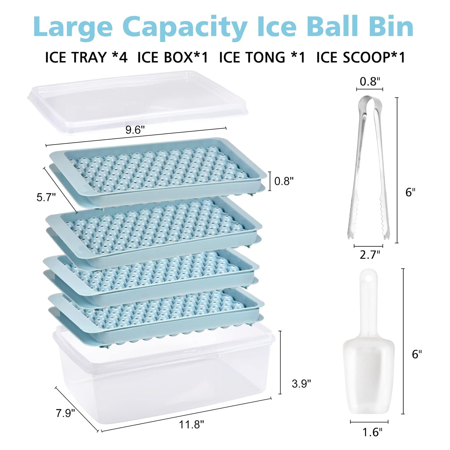 Ice Cube Tray with Lid and Bin,4 Pack Mini Ice Maker Tray for Freezer, 104 x 4 0.5 in Small Ice Ball Mold with Tong & Ice Scoop, Tiny Crushed Ice Tray for Chilling Drinks Coffee Juice Cocktail - Blue