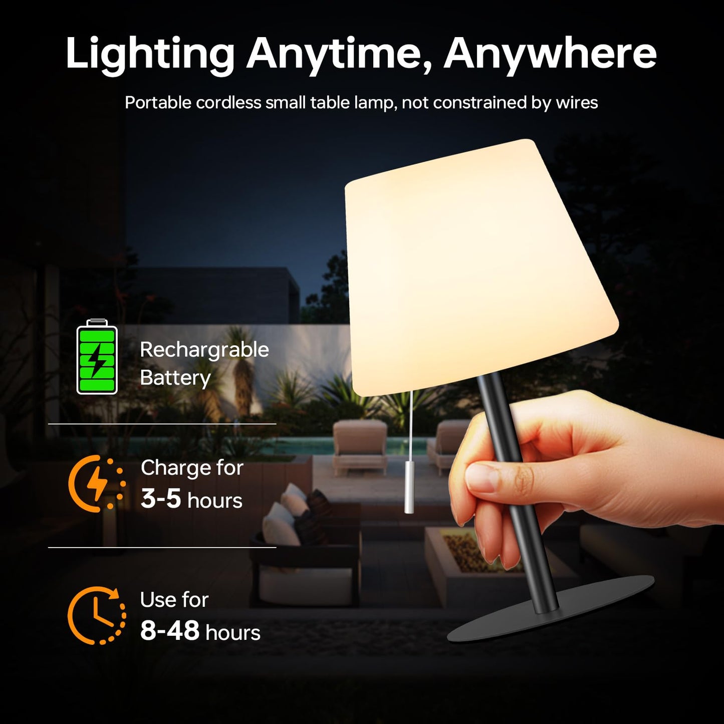 Gewiny Shower Lamp Battery Operated Outdoor Table Lamps Cordless Waterproof LED Dimmable Warm White and RGB Table Lamps Rechargeable Lamp Outdoor Lamps for Patio/Bathroom（Black）