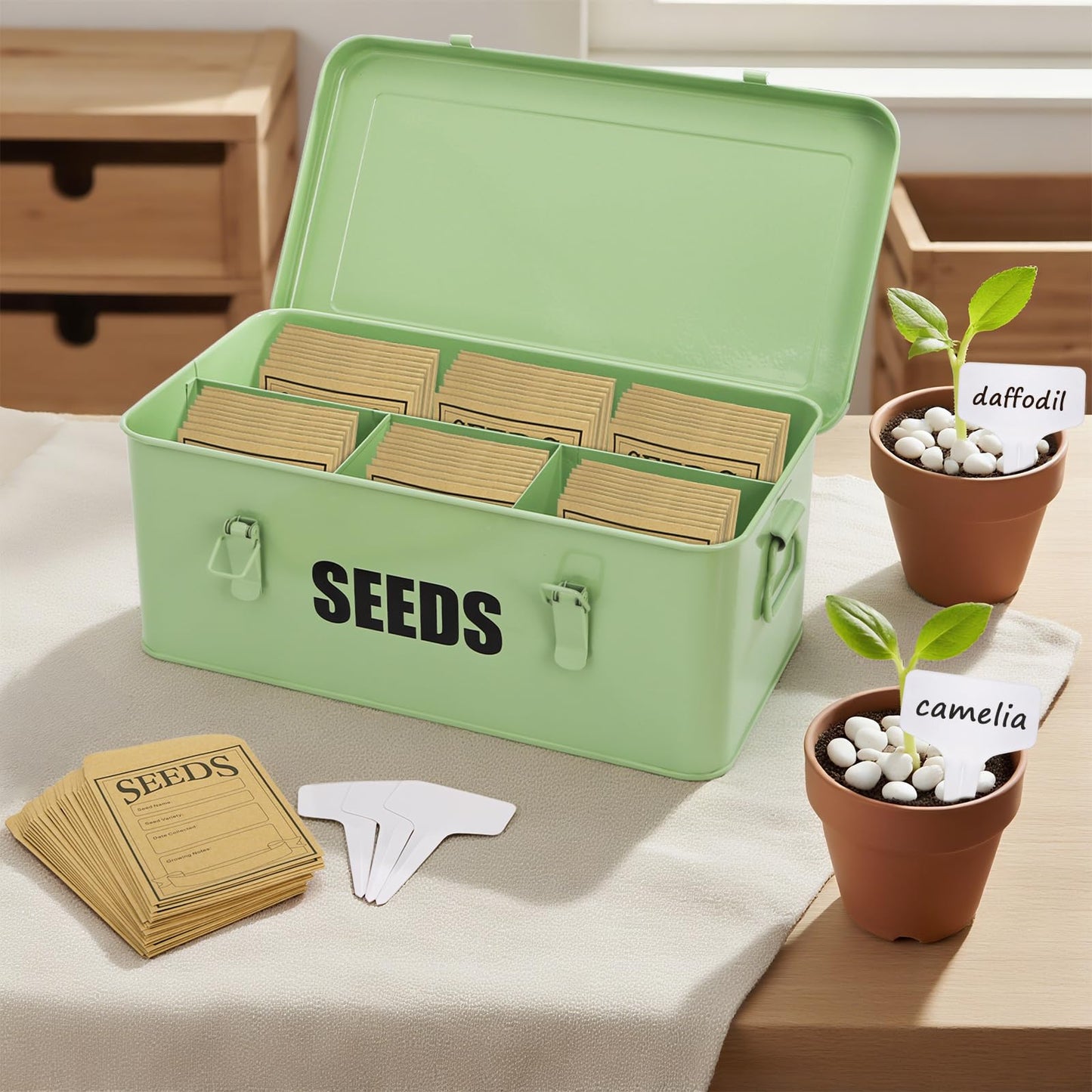 Mezchi Seed Storage Organizer Box with 4 Compartments, Large Metal Seed Packet Container with Lid & Safety Locks, Garden Seed Bin for Saving Seeds with 50 Plant Labels, 20 Envelopes