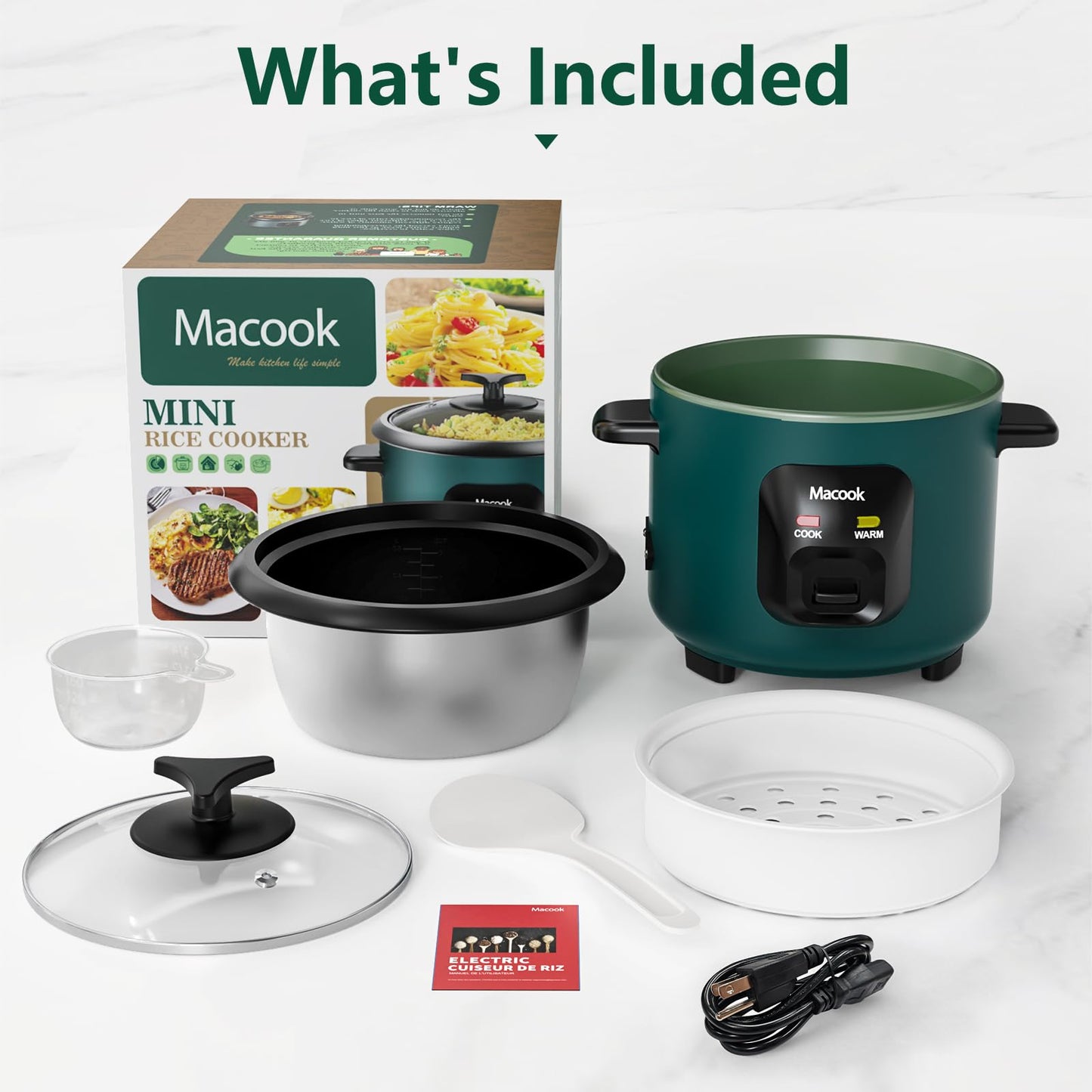 Macook Mini Rice Cooker 3-Cup, Small 0.6L One-Touch Rice Maker with Non-Stick Inner Pot, Automatic Keep Warm & Overheat Protection, Ideal for 1-6 People, Students & Small Families (Green)