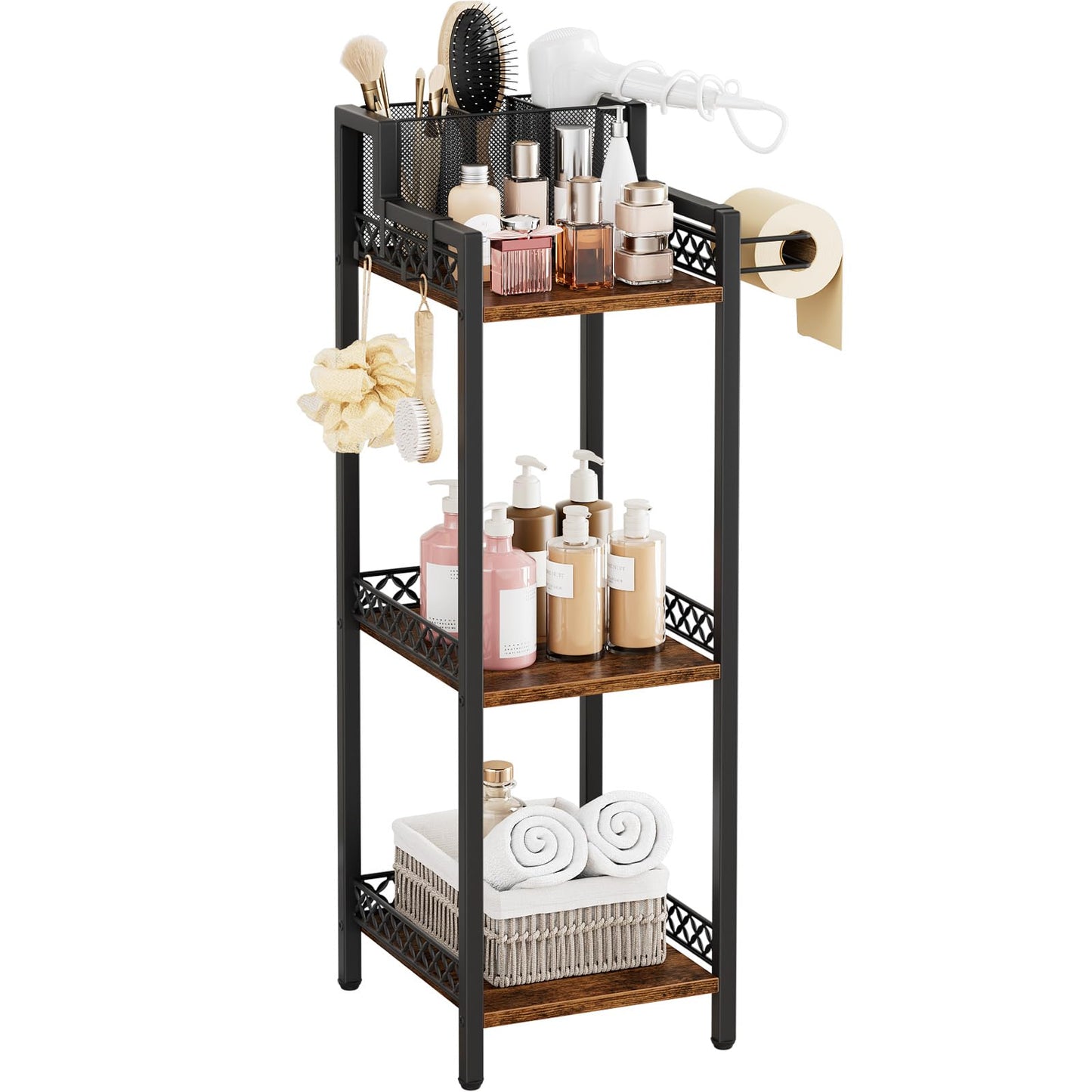 3-Tier Bathroom Shelf Organizer with Hair Dryer Holder and Toilet Paper Hook, 9.85" Slim Metal Stand for Small Spaces, Holds 50lbs - Freestanding Storage for Towels, Toiletries