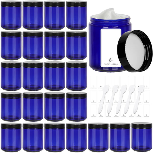 Betrome 8 oz Blue Glass Jars with Black Plastic Lids, 24 Pack Round Empty Cosmetic Jars for Beauty Items, Craft, Office Materials