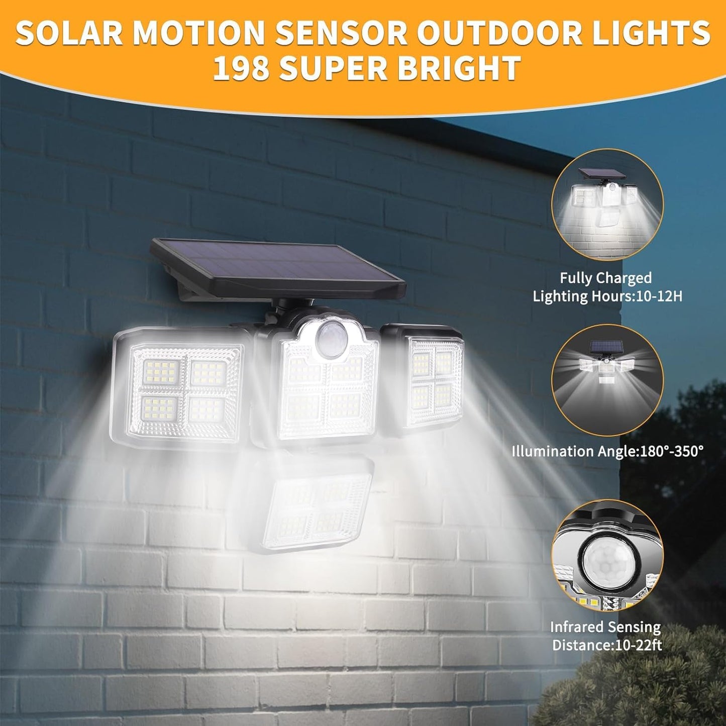 Xmart 8000LM 198 LED Solar Outdoor Lights Security Spot Lights 4 Adjustable Heads Motion Sensor Lights IP65 Waterproof 300° Wide Angle Wall Lights for Porch Yard Garage Pathway(2 Pack)