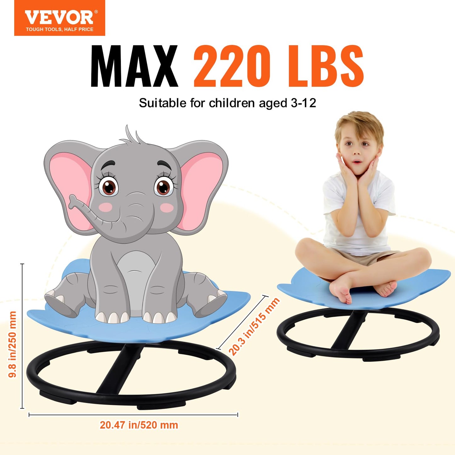 VEVOR Elephant Kids Swivel Chair, 220 LBS Capacity, 360° Spinning Chair, Autistic Kids Sensory Chair with Non-Slip Metal Base, Toddler Sit for Coordination Balance Focus Blue