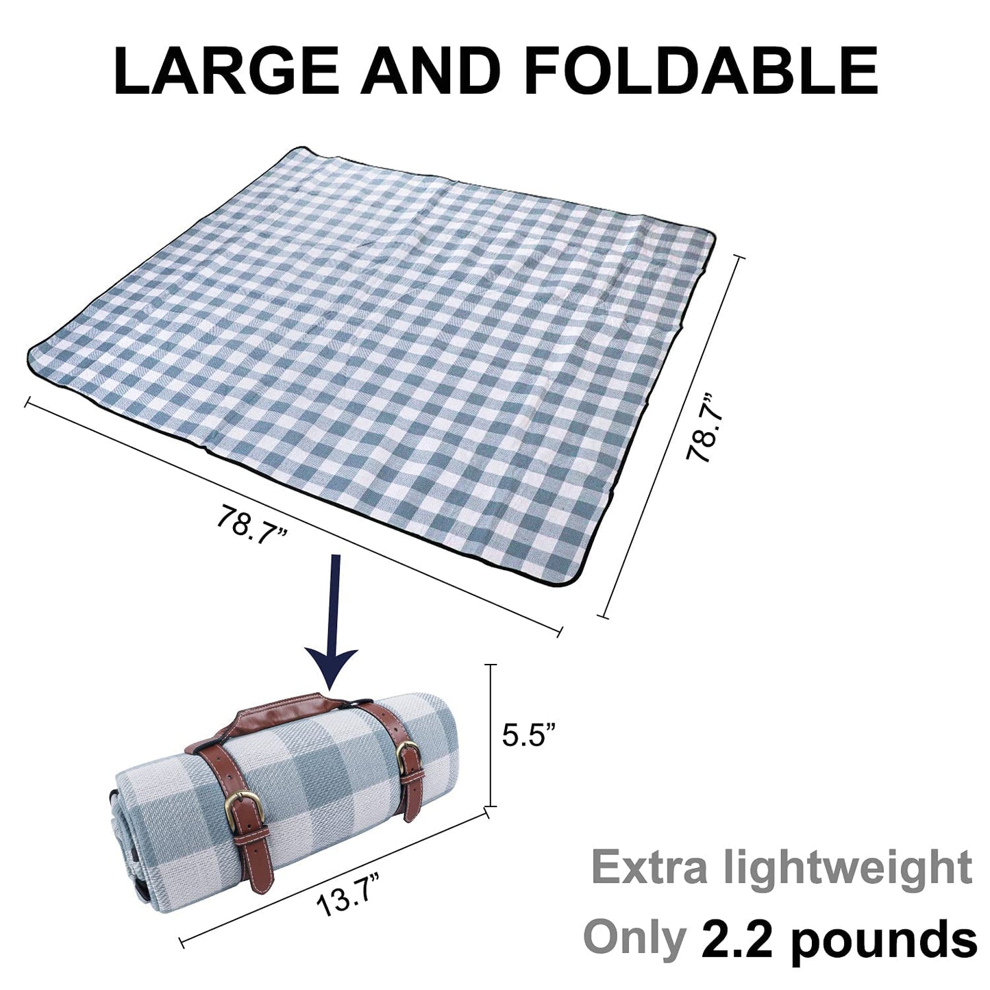 Picnic Mat,78.7"x78.7"Oversized Picnic Blanket Waterproof Sandproof Beach Mat for 6-8 Adults, Large and Thick Gingham Picnic Blanket for Beach Mats or Family Outdoor Camping Parties, Light Blue&White