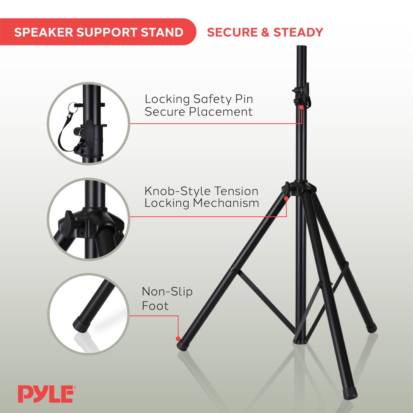 PYLE Speaker Stand - Universal Speaker Stand, Very Stable Non-Slip Tripod Base, Telescoping Height Adjustable 42” to 70”, Weight Capacity 130lbs, w/ 35mm Compatible Insert- for On Stage or Studio Use