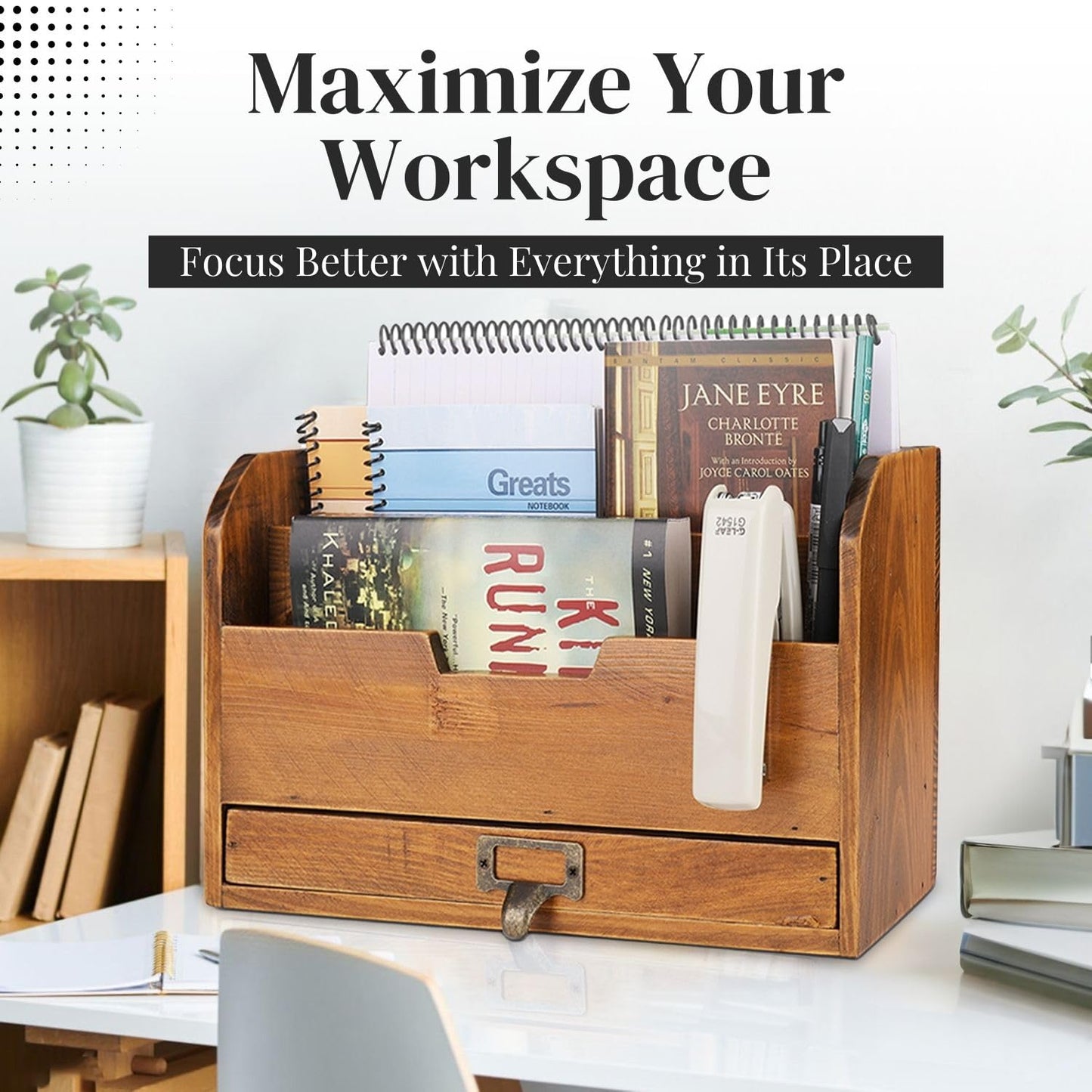Flexzion 3 Tier Wooden Desk Organizer - Country Rustic Compartments Slot File Tray Pencil Sorter Shelf Holder Supplies Rack Accessories Set with Storage Drawer for Desktop Tabletop Office Home Brown