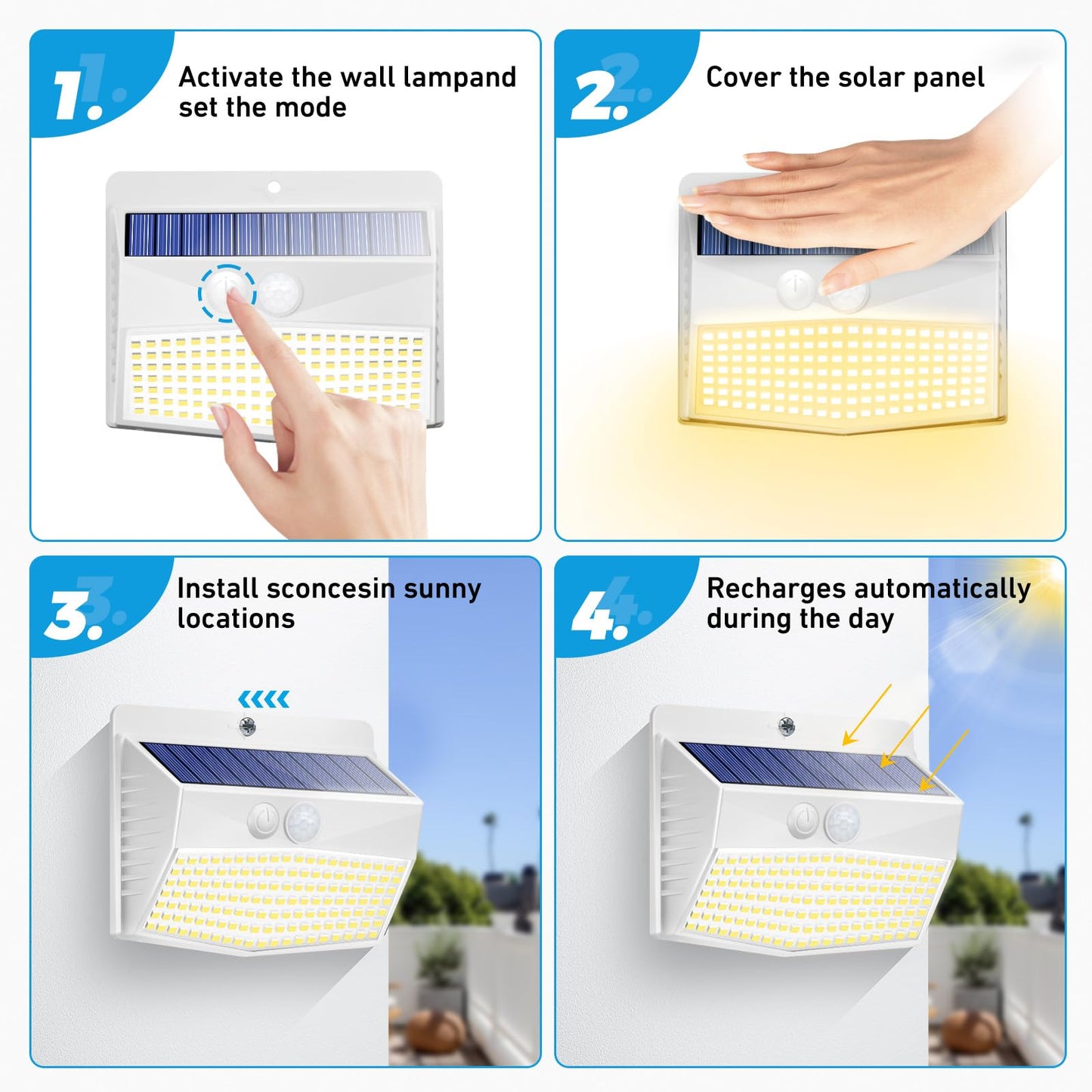 Peaur 3 Lighting Modes Solar Lights Outdoor, 8 Pack 138LED Solar Motion Sensor Light, IP65 Waterproof Wireless Wall Lights Solar Powerd Security Lights for Fence Yard Garden Deck Garage-Warm White