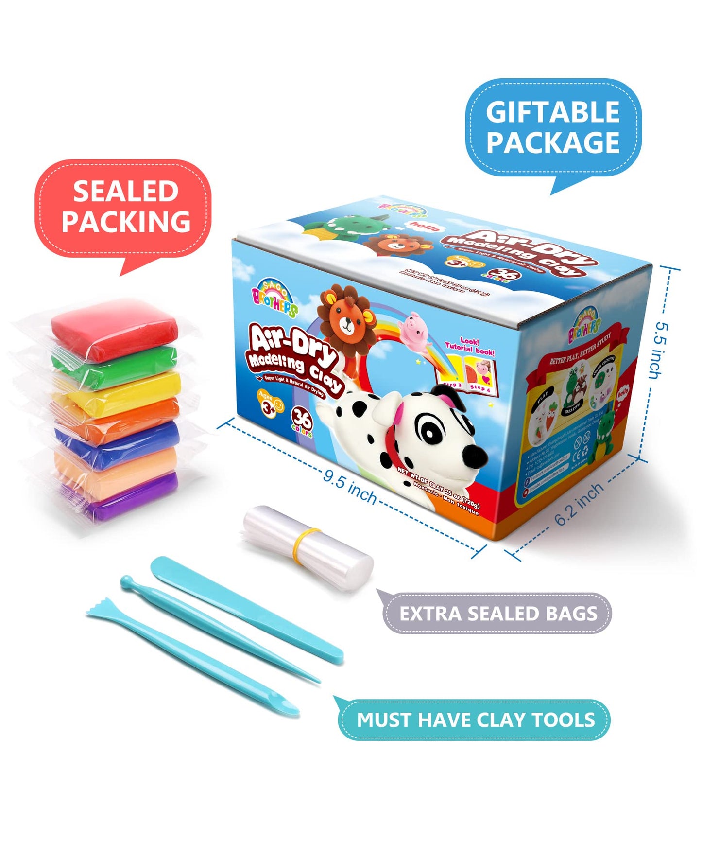 Sago Brothers 36 Colors Modeling Clay Set for Kids - Soft Molding DIY Craft, Ultra Light Air Dry With Tools & Tutorial Book - Magic Air Clay for Toddlers and Children