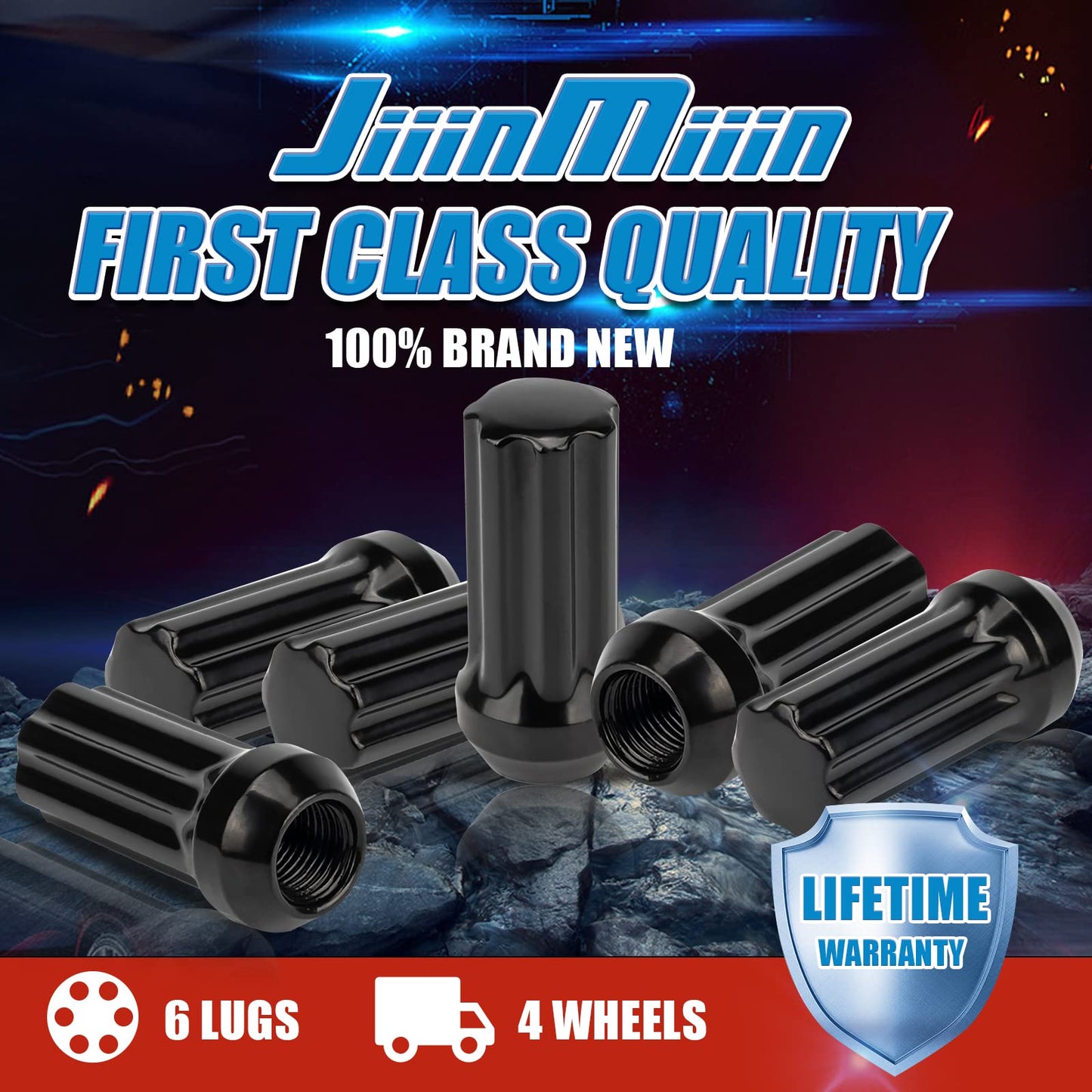 JiiinMiiin 24pcs M14x1.5 Lug Nuts Black with 7 Spline Tuner, 14x1.5 Locking Lugnuts 2 inch Length with 1 Socket Key, Fits Chevy GMC Cadillac Lincoln SAAB Saturn