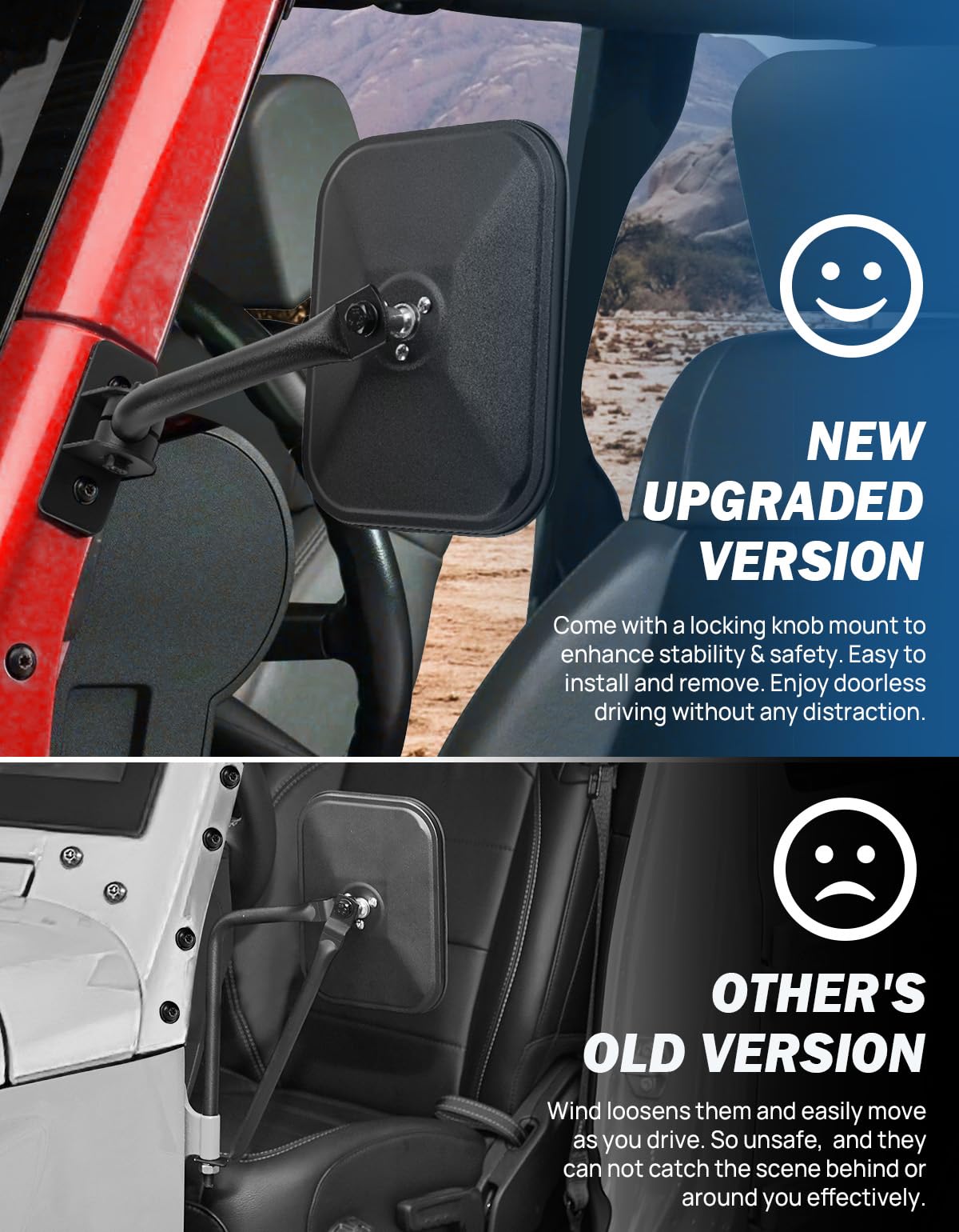 JOYTUTUS Mirrors Doors Off Compatible with Wrangler TJ JK JKU 1997-2018, Easy-Install Side View Mirrors, No Vibration & Wobble, Does Not Fit on Doors