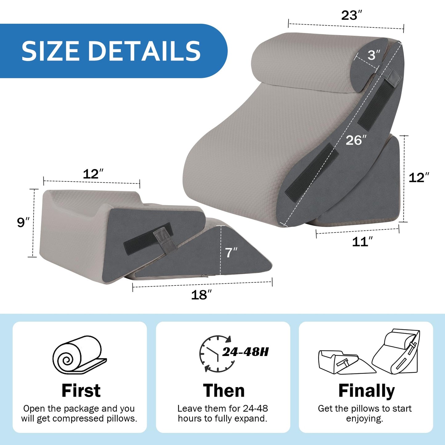 Ahpmeoa 5Pcs Orthopedic Bed Wedge Pillow Set for After Surgery, Adjustable Wedge Pillow for Acid Reflux Relief, Bed Wedge Pillow Post Surgery, Memory Foam Wedge Pillows for Sleeping, Grey