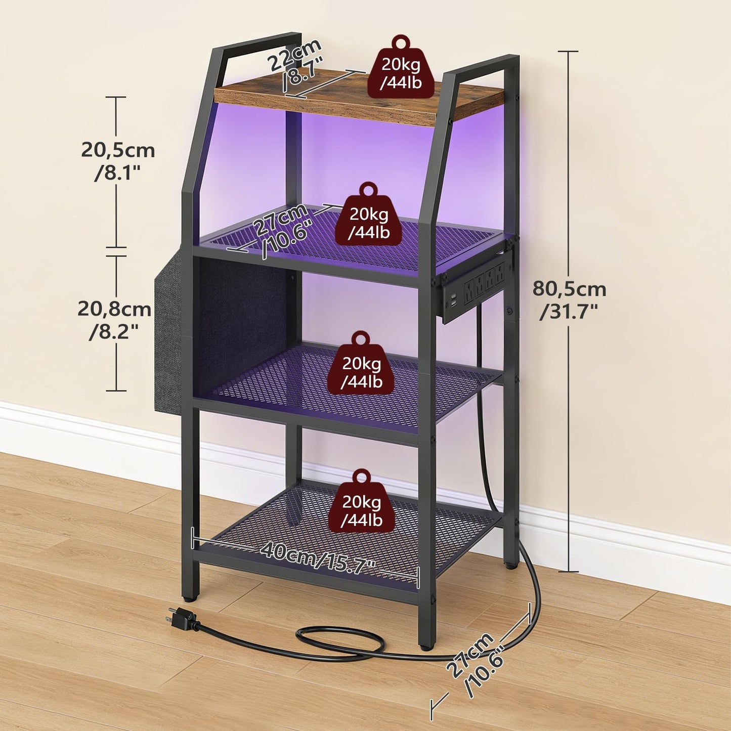 MAHANCRIS 4 Tier AV Media Stand with Power Outlet, LED Stereo Racks with Storage Bag, for Living Room & Studio, Record Player Stand, Speaker, Rustic Brown MSHR01E01