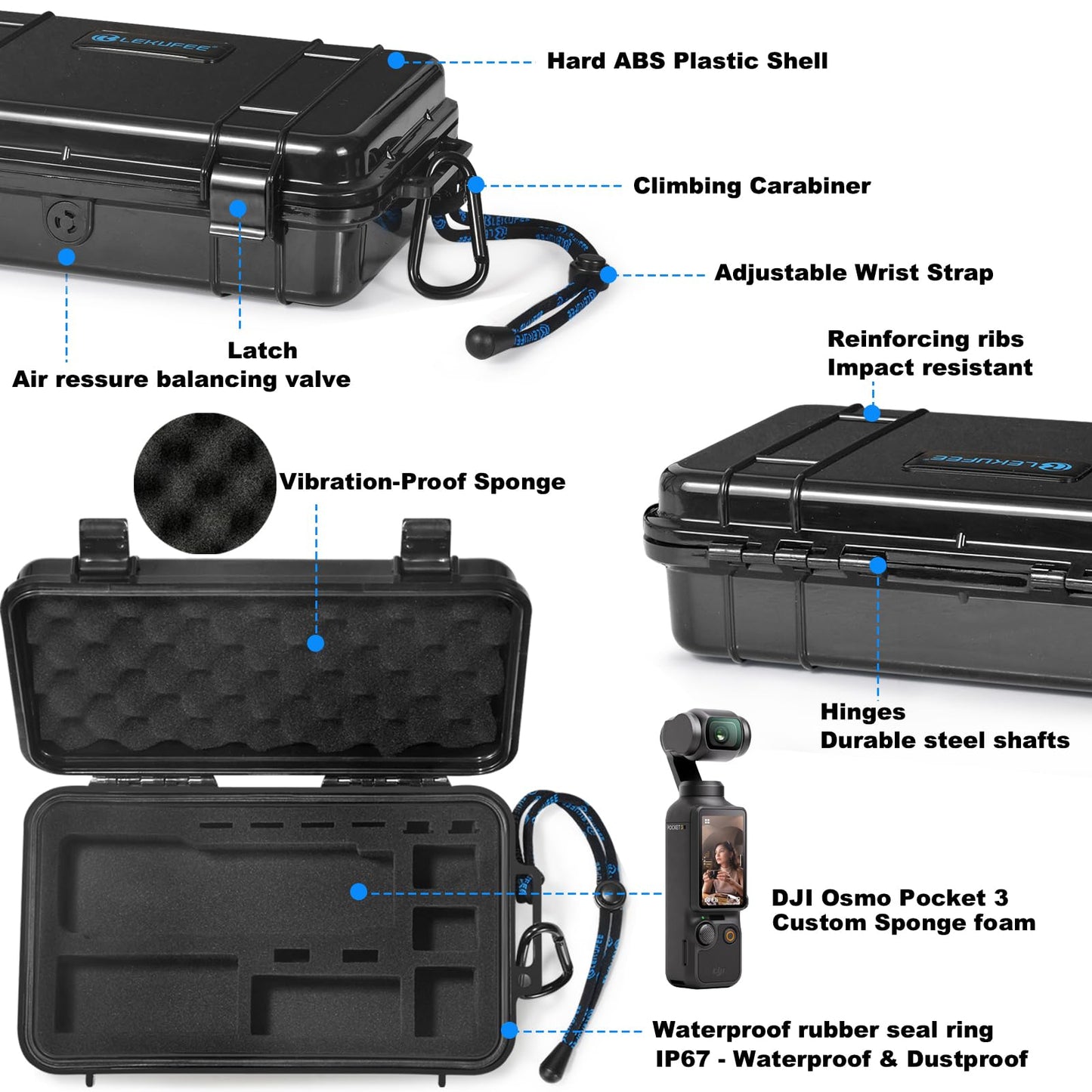 Lekufee Travel Waterproof Hard Case Compatible with DJI Osmo Pocket 3/Creator Combo/Power Expansion Combo/DJI Pocket 3 Video Camera/Vlogging Camera and Accessories(Case & Bag Only)