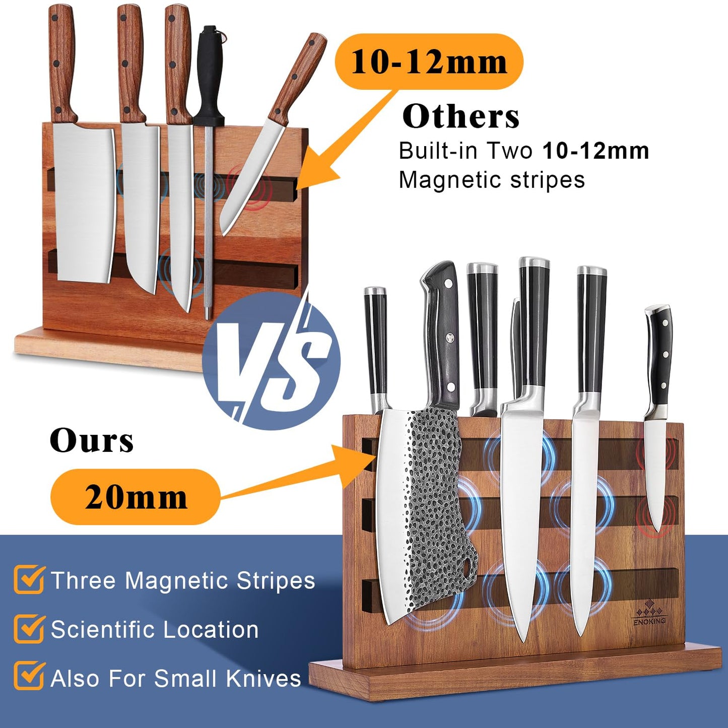 Extra Large Magnetic Knife Block, Double-Sided Acacia Wood Knife Holder with Built-in Powerful Magnetic Strips, 15.2" Universal Knife Storage Organizer for Kitchen Counter, No Drilling Required