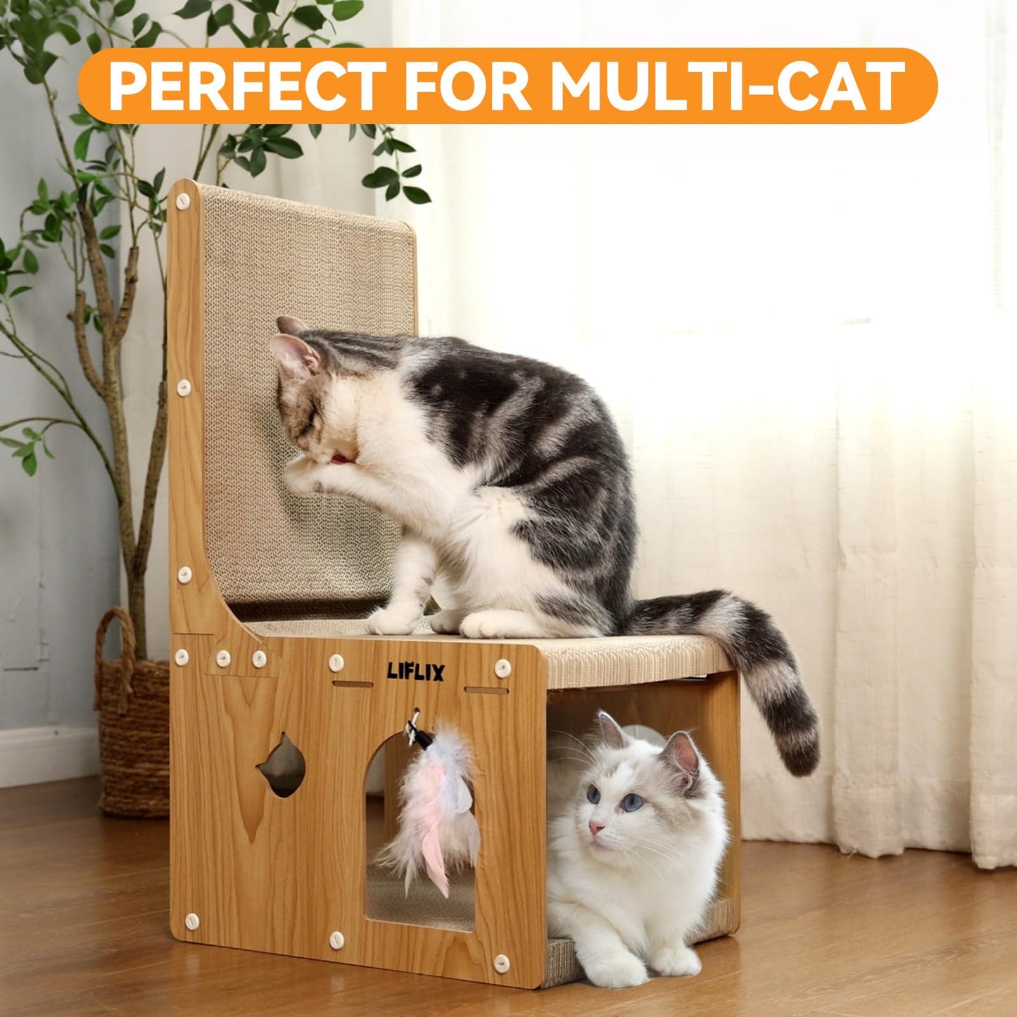 LIFLIX Double-Layer L-Shaped cat Scratching Board, Cardboard cat Scratching Post with Toys, Hideaway & Cat Scratcher for Indoor Cats to Scratch, Rest, Play