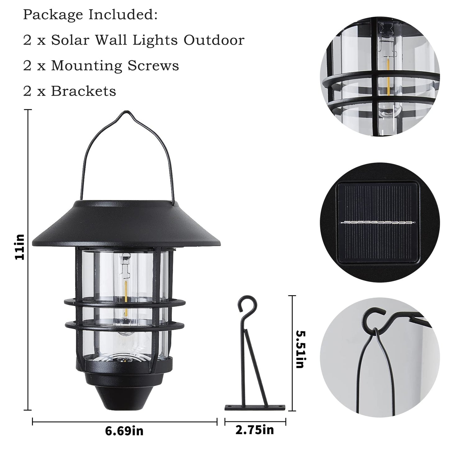 2 Pack Solar Lanterns Outdoor Hanging Solar Lights Waterproof Porch Lights Fixtures, Heavy Glass & Stainless Dusk to Dawn Outdoor Solar Lights Illumination for Outside Yard