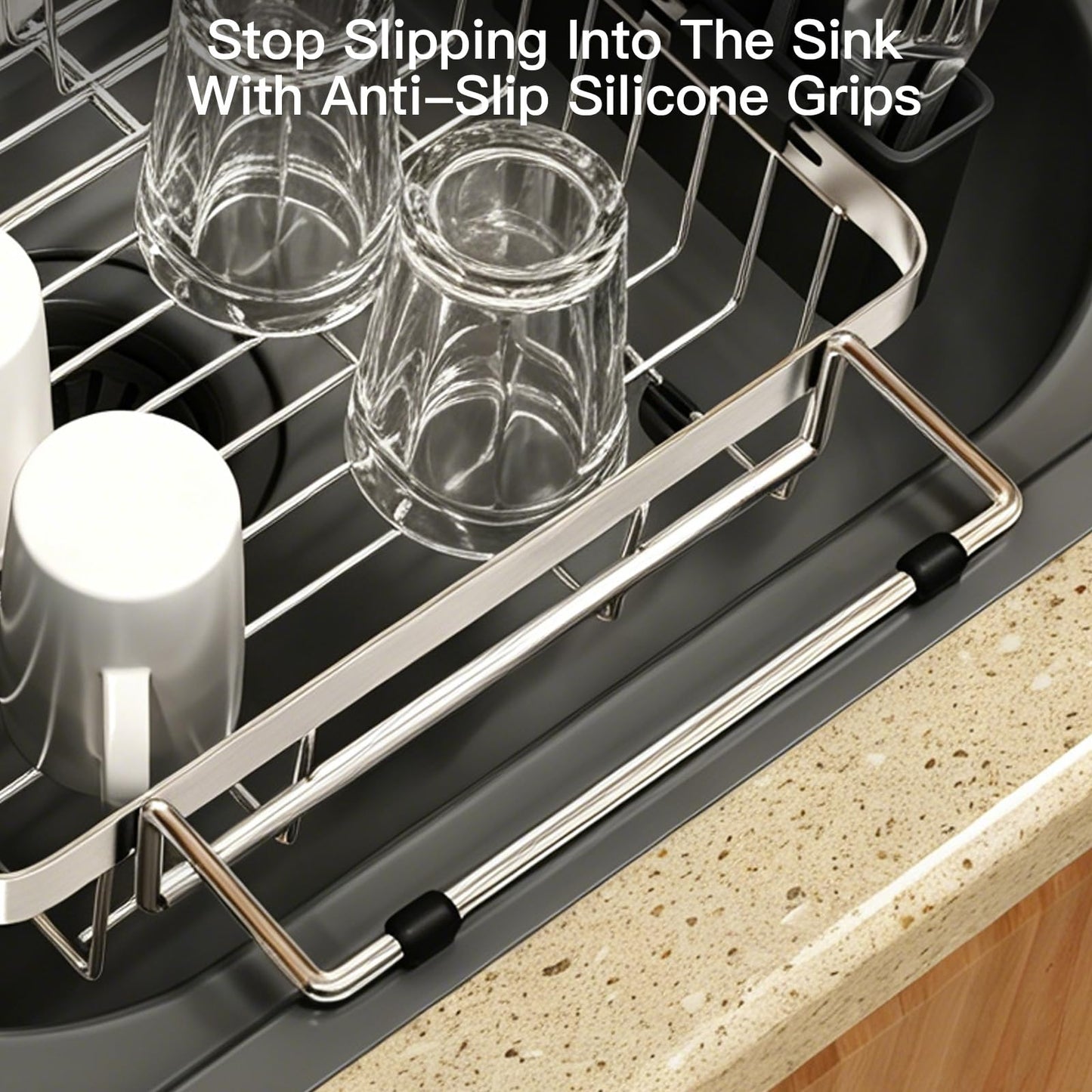 MAJALiS Dish Drying Rack in Sink, Expandable Stainless Steel Over Sink Dish Rack, Adjustable Capacity Dish Strainers for Kitchen Sink Counter with Utensil Holder, Silver