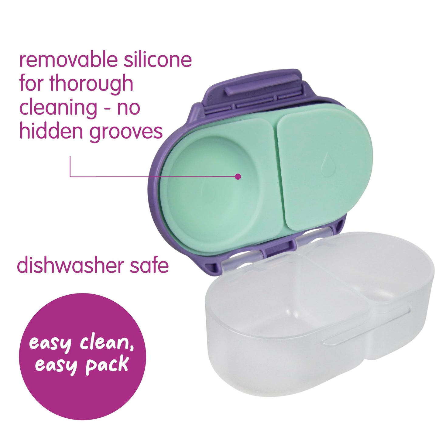 b.box Snack Box (2-Pack) for Kids & Toddlers: 2 Compartment Snack Containers, Mini Bento Lunch Box. Leak Proof, BPA Free, Dishwasher Safe. Ages 4 Months+ (Strawberry Shake + Lilac pop, 12oz Capacity)