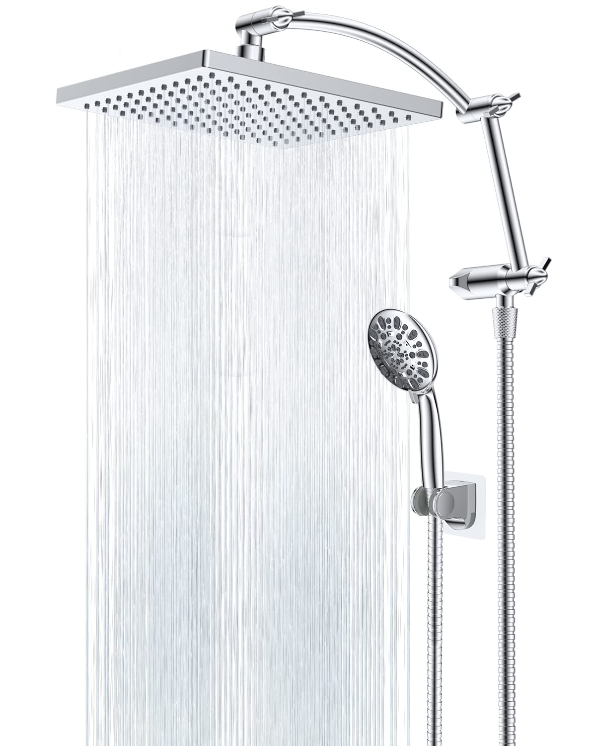 Hibbent Thickness 10'' Rain Shower Head, High Pressure Handheld Spray, Showerhead Combo with 16'' Adjustable Arc Shower Extension Arm, 7 Settings, 71'' Hose, Adhesive Showerhead Holder, Chrome
