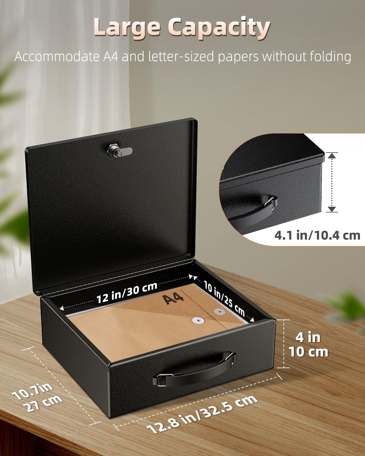 Uniclife Fireproof Document Box with Key Lock and Handle, 33x27x10cm, Large Locking Box for A4 Paper, Waterproof Safe Box for Valuables, Passport and Cash, Portable Security Metal Chest