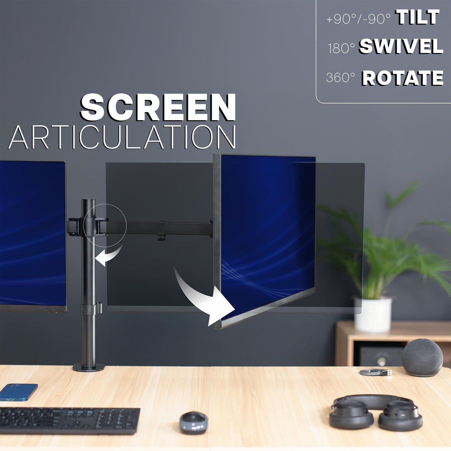 VIVO Dual LCD LED 21 to 32 inch Monitor Desk Mount, Heavy Duty, Adjustable Telescoping Arms, Flush Wall Setup, Fits 2 Screens, Black, STAND-V002E